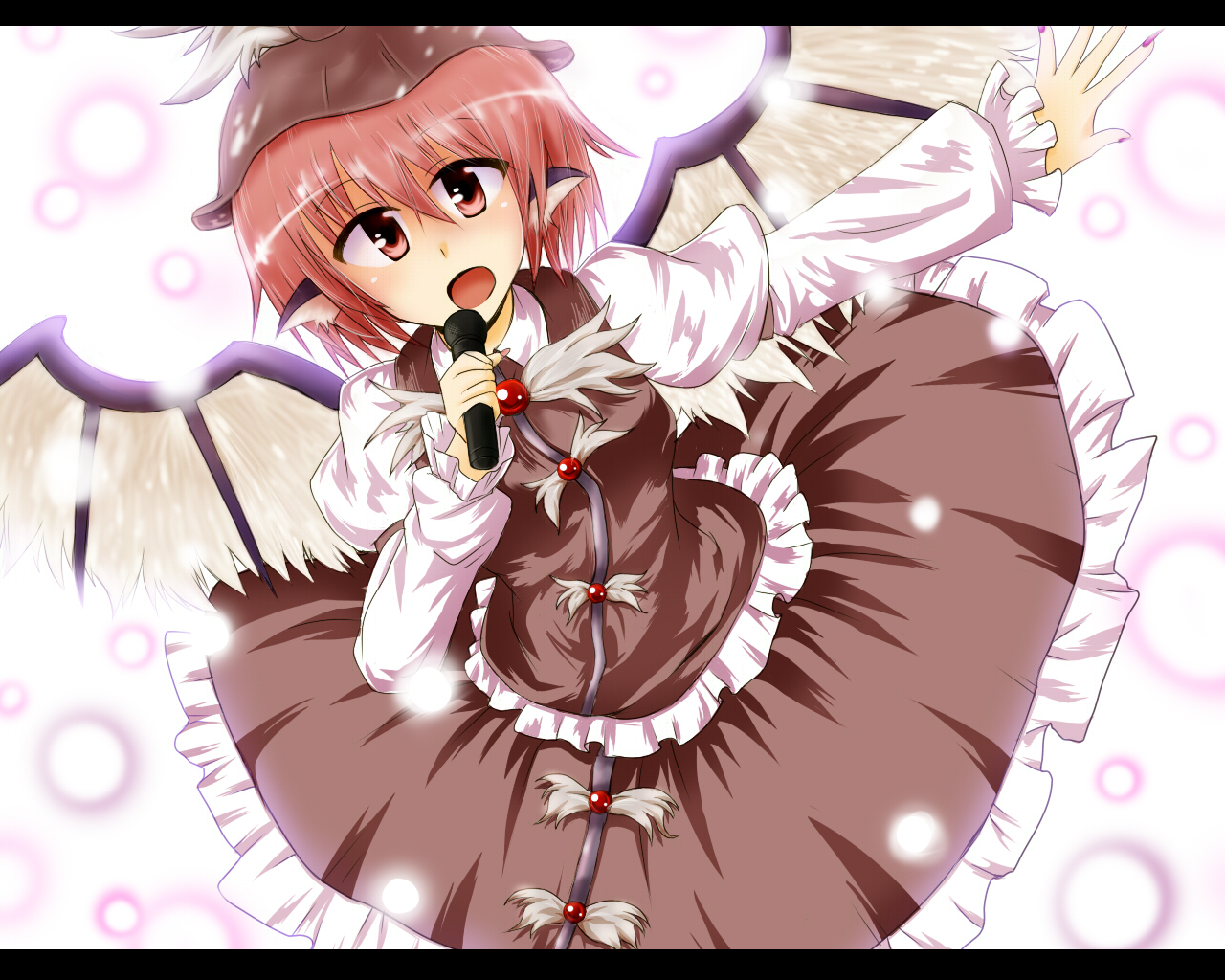 wedge (tyrl stride), mystia lorelei, touhou, bad id, bad pixiv id, 1girl, animal ears, female focus, hat, letterboxed, microphone, short hair, solo, white background, wings