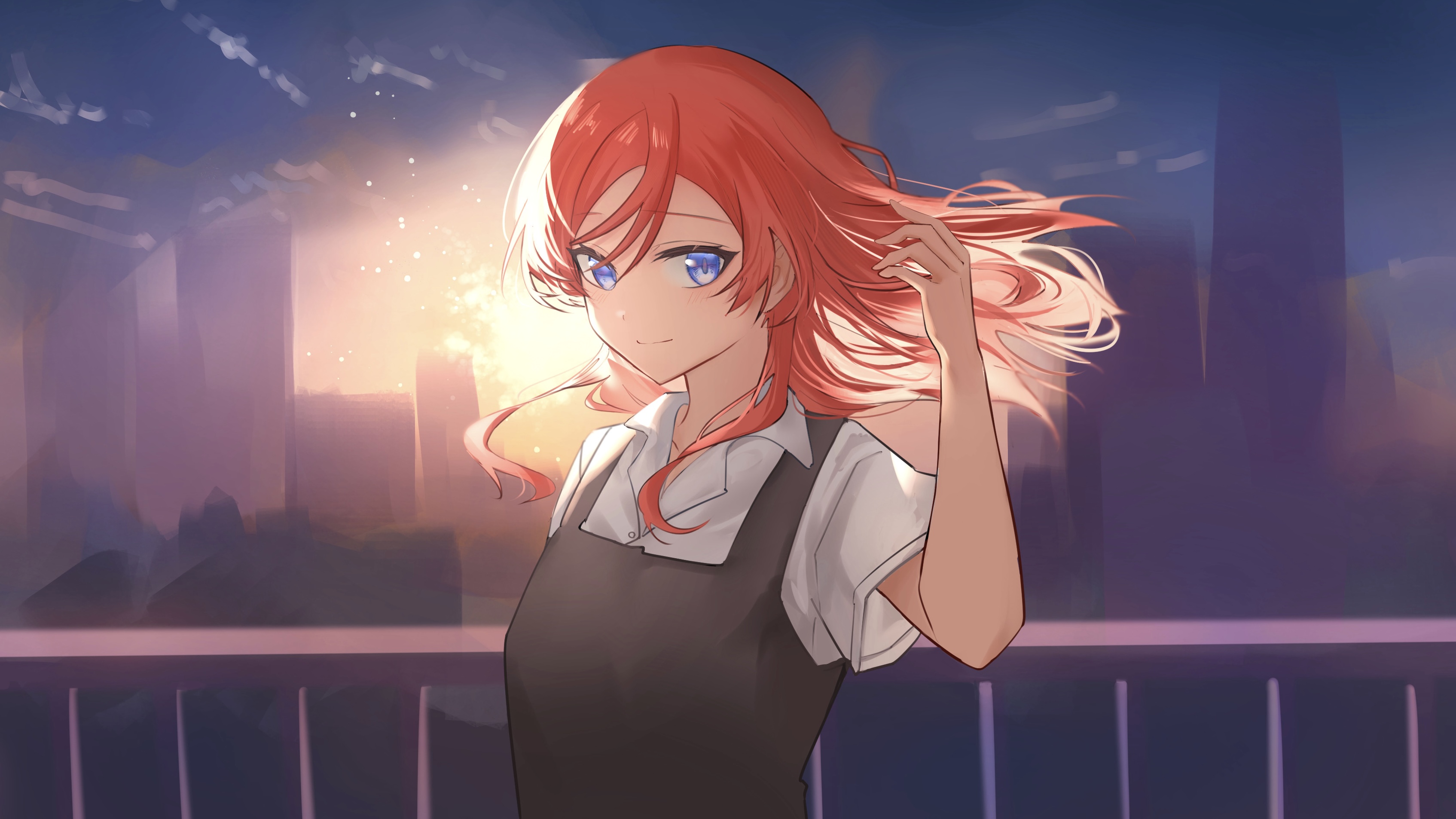m (cocoa3000), yoneme mei, love live!, love live! superstar!!, absurdres, commentary, highres, symbol-only commentary, 1girl, backlighting, blue eyes, cityscape, dress, gradient sky, grey dress, guard rail, hair down, hand up, light blush, long hair, looking at viewer, orange sky, purple sky, red hair, school uniform, shirt, sky, smile, solo, sunset, twilight, white shirt, yuigaoka school uniform