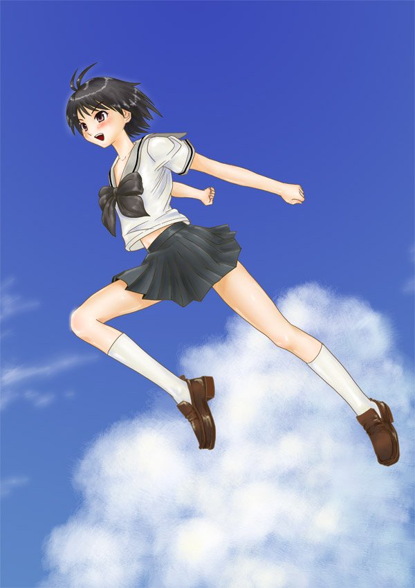 kabaya kousuke, kikuchi makoto, idolmaster, idolmaster (classic), toki wo kakeru shoujo, bad id, bad pixiv id, 1girl, antenna hair, black hair, brown eyes, cloud, day, female focus, jumping, name connection, parody, school uniform, serafuku, skirt, sky, smile, solo