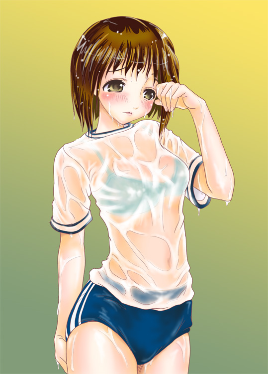 kabaya kousuke, hagiwara yukiho, idolmaster, idolmaster (classic), bad id, bad pixiv id, 00s, 1girl, blush, bra, breasts, brown eyes, brown hair, buruma, female focus, gradient background, gym uniform, lingerie, see-through clothes, short hair, solo, underwear, wet, wet clothes