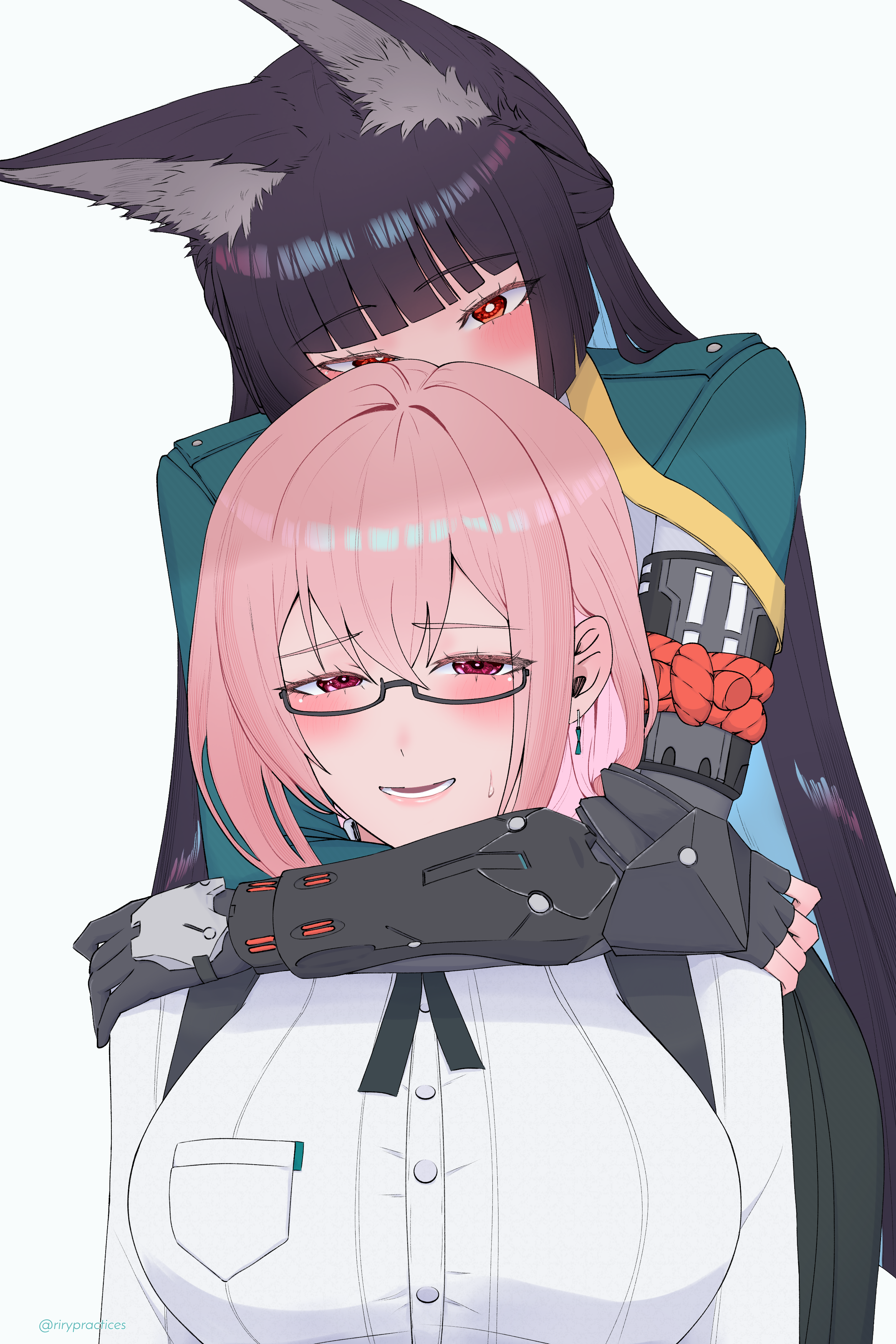 rirypractices, hoshimi miyabi, tsukishiro yanagi, zenless zone zero, absurdres, highres, 2girls, animal ears, black gloves, black hair, blush, earrings, fingerless gloves, fox ears, fox girl, gauntlets, glasses, gloves, jewelry, long hair, multiple girls, open mouth, pink hair, red eyes, simple background, upper body, white background, yuri