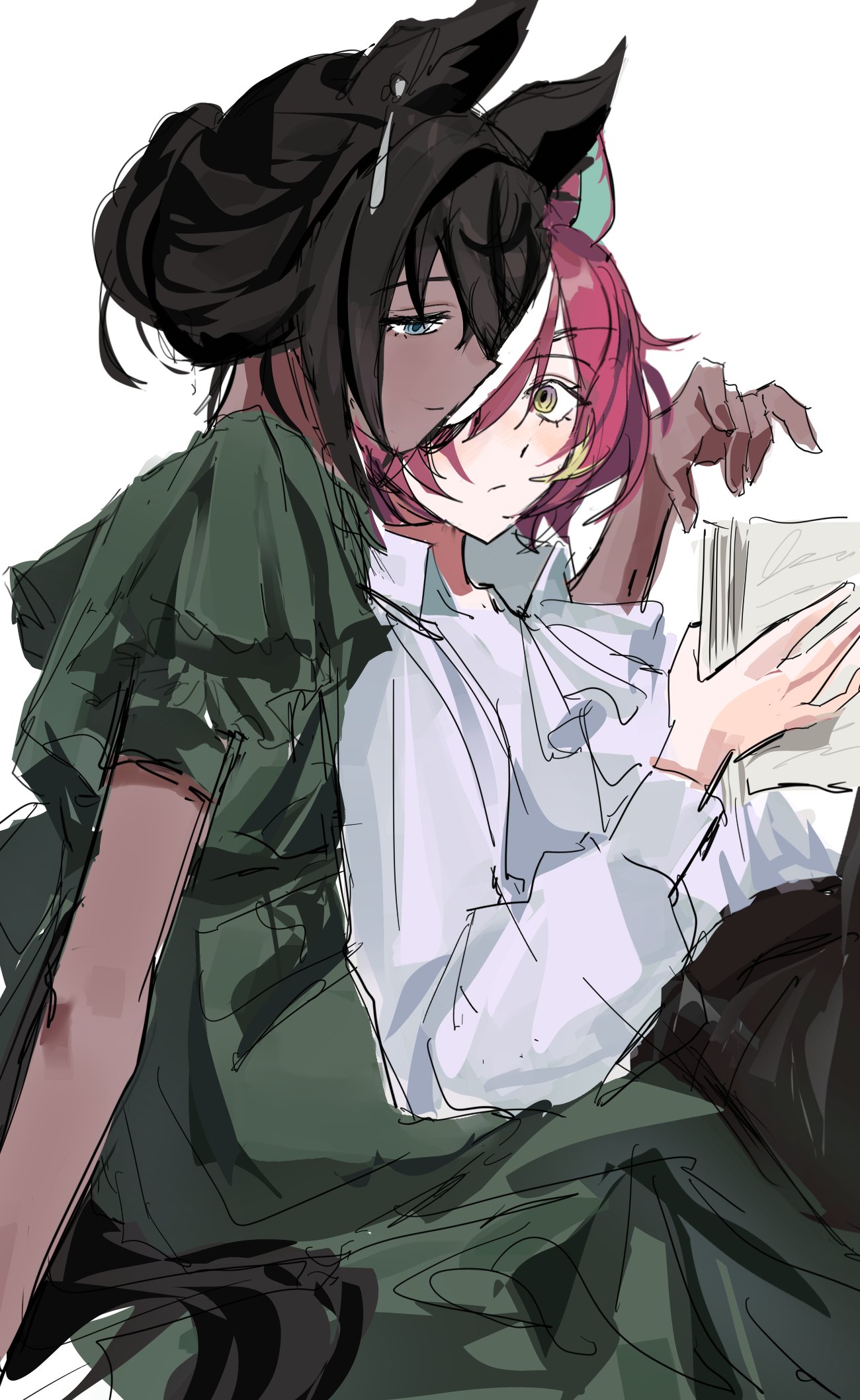 astronghouse, symboli kris s (umamusume), tanino gimlet (umamusume), umamusume, commentary request, highres, korean commentary, 2girls, animal ears, ascot, black hair, blue eyes, book, closed mouth, dark-skinned female, dark skin, dress, green dress, heads together, holding, holding book, horse ears, horse girl, leaning on person, looking at another, multiple girls, red hair, shirt, simple background, white ascot, white background, white shirt, white streaks, yellow eyes, yuri