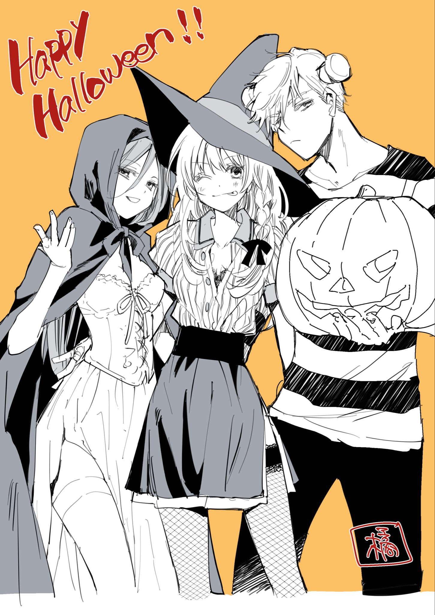 tachibana yutaka, little red riding hood (fairy tale character), character request, highres, 1boy, 2girls, bra, breasts, closed mouth, cosplay, fishnet thighhighs, fishnets, greyscale, halloween, halloween costume, happy halloween, hat, jack-o'-lantern, little red riding hood (fairy tale character) (cosplay), long hair, looking at viewer, monochrome, multiple girls, object through head, pumpkin, screw in head, shirt, smile, striped clothes, striped shirt, thighhighs, underwear, witch hat