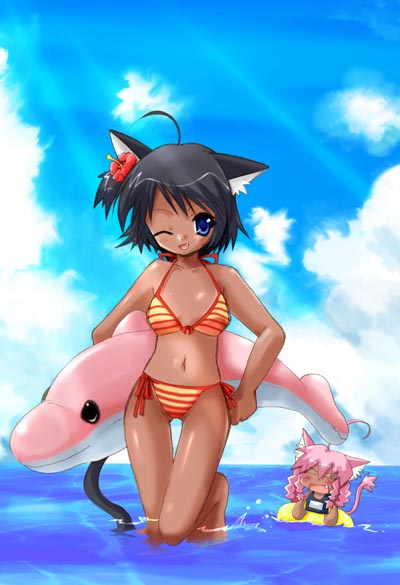 animal ears, bikini, dark skin, ocean, sky, smile, swimsuit, tail, wink