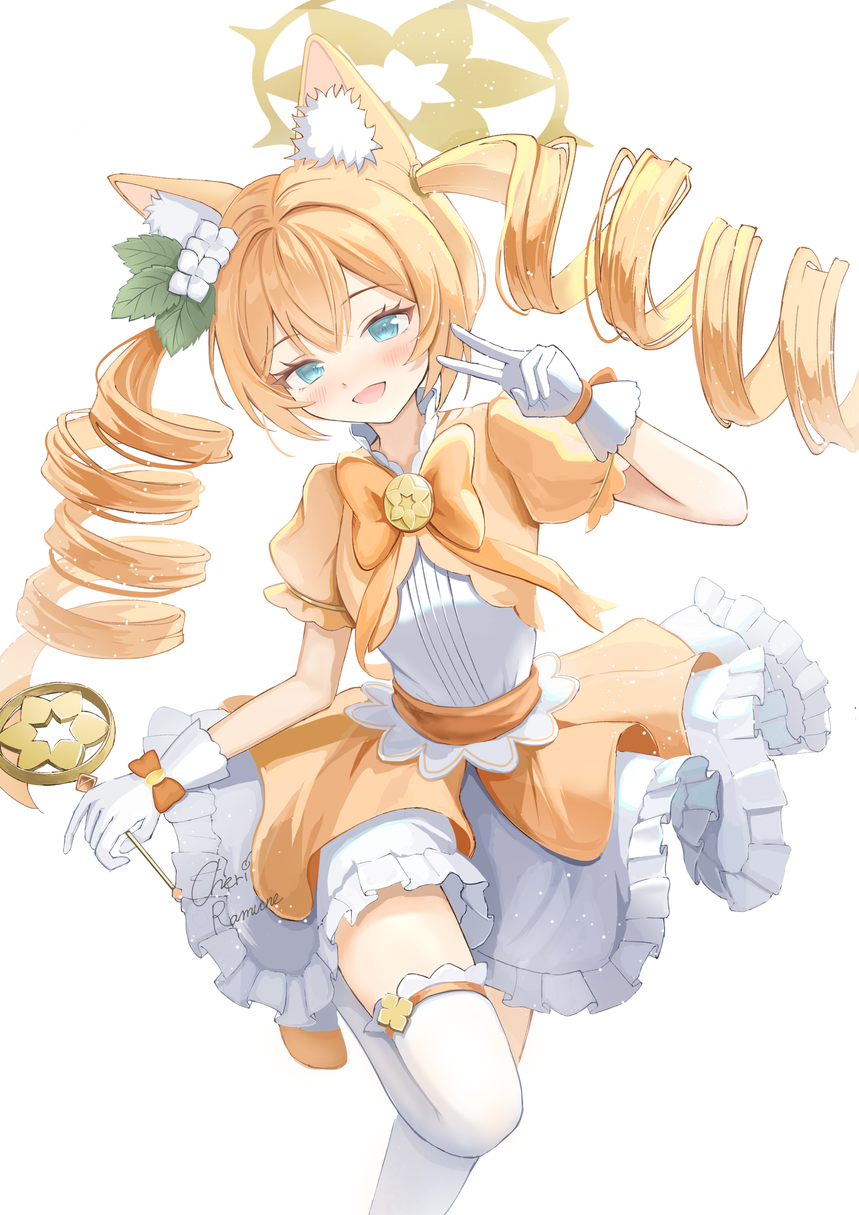 cheriramune, mari (blue archive), blue archive, absurdres, highres, 1girl, animal ears, blonde hair, blue eyes, blush, breasts, dress, gloves, halo, looking at viewer, magical girl, open mouth, ribbon, simple background, small breasts, solo, standing, twintails, v, white background, white gloves, yellow halo, yellow ribbon