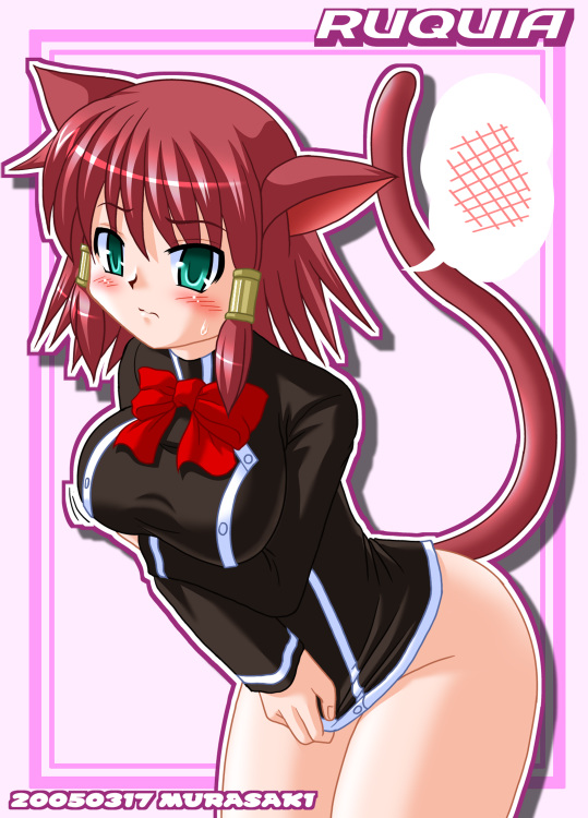 ruquia, quiz magic academy, artist request, 00s, 1girl, 2005, animal ears, black jacket, blush, bottomless, bow, bowtie, breasts, cat ears, cat girl, cat tail, dated, embarrassed, female focus, green eyes, hair tubes, jacket, jacket tug, large breasts, long sleeves, looking at viewer, march, pink eyes, red bow, red bowtie, red hair, school uniform, short hair, solo, speech bubble, spoken blush, sweat, tail