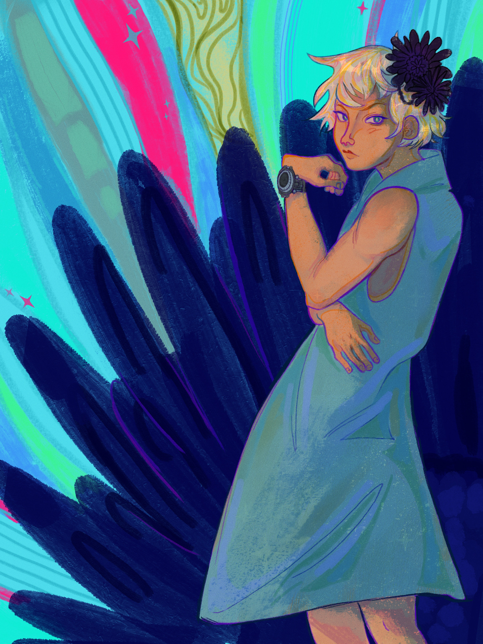 mossuaries, phi (kyokugen dasshutsu), kyokugen dasshutsu, kyokugen dasshutsu adv: zennin shibou desu, commentary, english commentary, highres, 1girl, black flower, blue eyes, blue jacket, bright pupils, closed mouth, eyelashes, fingernails, flower, hair flower, hair ornament, jacket, lips, looking at viewer, short hair, sleeveless, sleeveless jacket, solo, very short hair, watch, white hair, white pupils, wristwatch