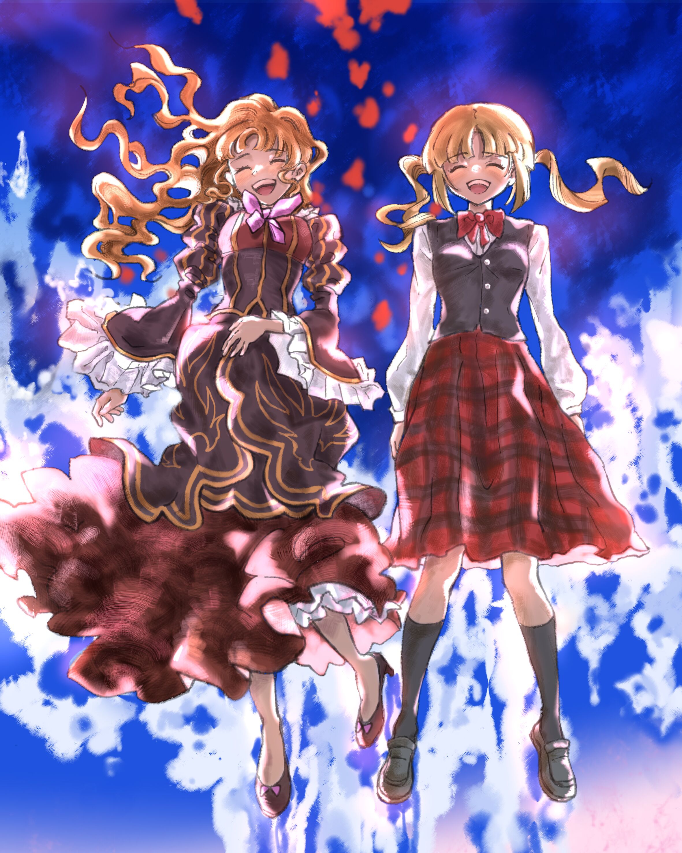 beatrice (umineko), ushiromiya rosa, umineko no naku koro ni, absurdres, highres, 2girls, abstract background, aged down, backlighting, black socks, black vest, blonde hair, blunt bangs, bow, bowtie, brown dress, dress, floating clothes, floating hair, frilled dress, frilled sleeves, frills, full body, hand on own stomach, happy, high heels, kneehighs, light blush, loafers, long hair, luanmaexxx, multiple girls, pink bow, plaid clothes, plaid skirt, puffy sleeves, pumps, red bow, red bowtie, red dress, red skirt, shirt, shoes, skirt, socks, twintails, vest, wavy hair, white shirt, wide sleeves, yellow trim