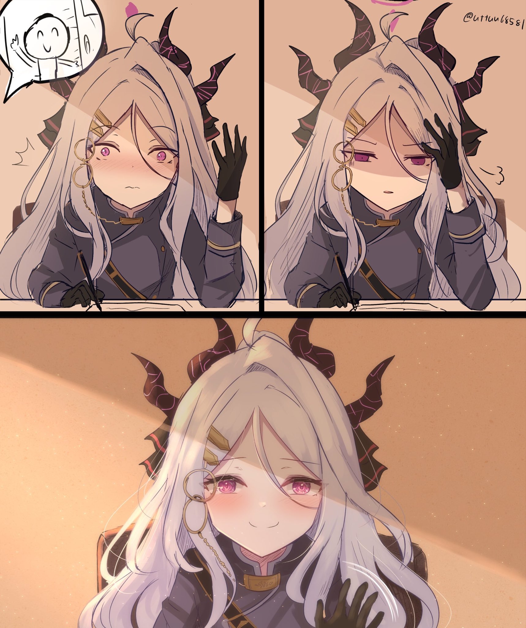 uttsu (yumaviviane), doodle sensei (blue archive), hina (blue archive), sensei (blue archive), blue archive, highres, 1boy, 1girl, ahoge, black gloves, black halo, blush, demon girl, demon horns, gloves, halo, horns, indoors, long hair, looking at viewer, purple eyes, sitting, upper body, very long hair, white hair