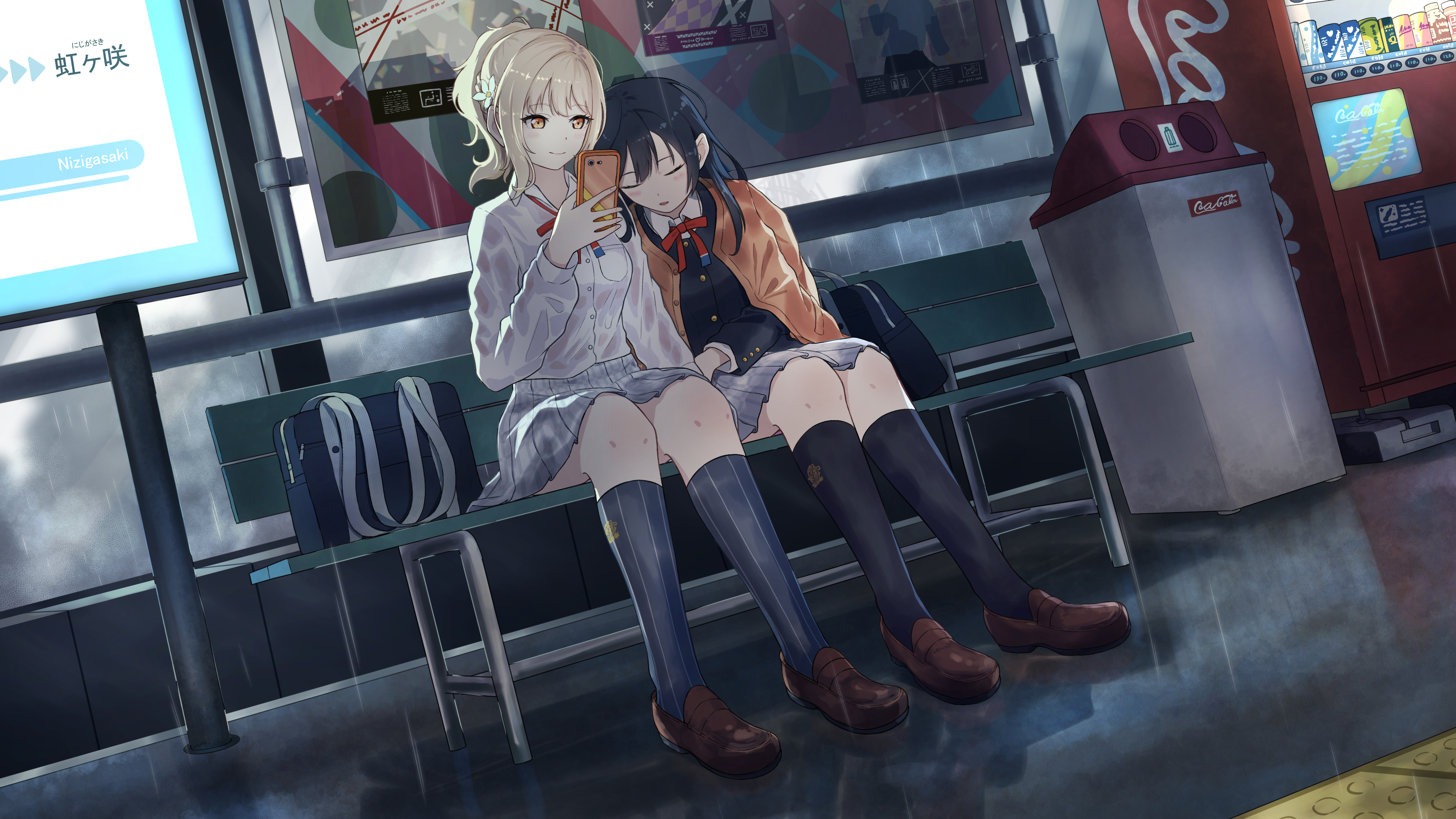 aoi eno, miyashita ai, yuki setsuna, love live!, love live! nijigasaki high school idol club, absurdres, commentary request, commission, highres, skeb commission, 2girls, bag, bench, black socks, blonde hair, blue hair, blue jacket, brown eyes, brown jacket, brown shoes, cellphone, closed eyes, flower, grey socks, hair flower, hair ornament, head on another's shoulder, holding, holding phone, jacket, jacket on shoulders, light blush, long hair, long sleeves, looking at phone, medium hair, multiple girls, neck ribbon, nijigasaki school uniform, open mouth, phone, ponytail, rain, red ribbon, ribbon, school bag, school uniform, shirt, shoes, sitting, skirt, smartphone, smile, socks, striped clothes, striped socks, trash can, vending machine, vertical-striped clothes, vertical-striped socks, wet, wet clothes, white shirt, white skirt