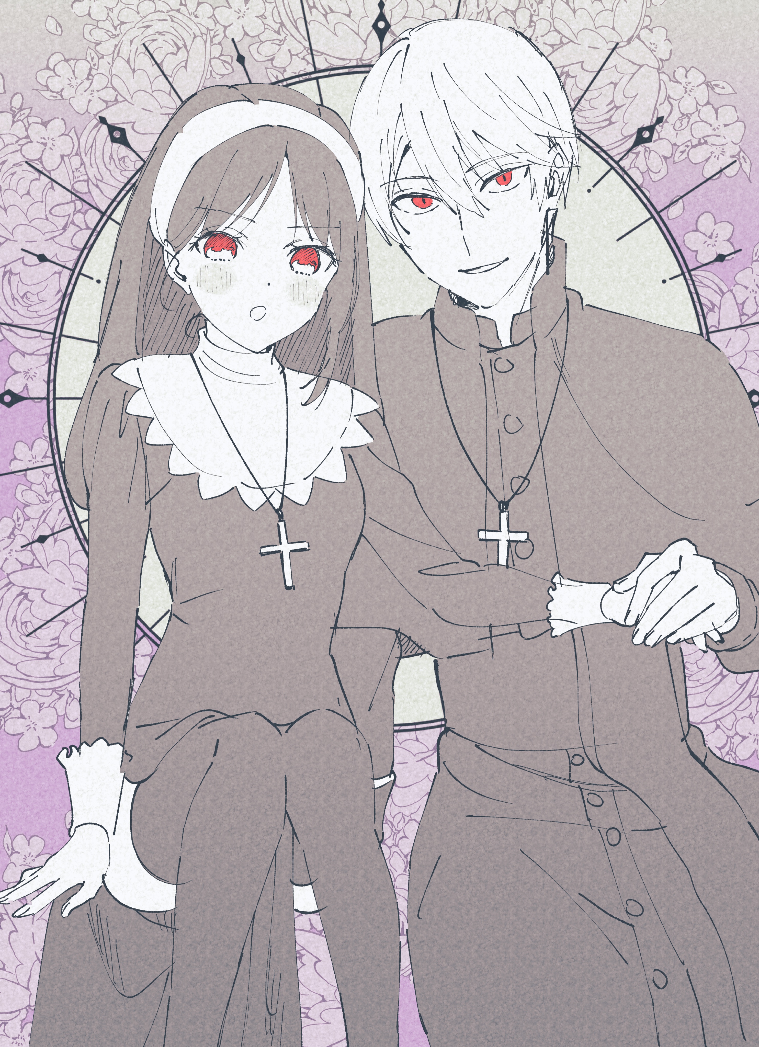 yokoyama honoka, shinomiya kaguya, shirogane miyuki, kaguya-sama wa kokurasetai ~tensai-tachi no renai zunousen~, absurdres, highres, 1boy, 1girl, black dress, black thighhighs, cross, cross necklace, dress, halloween, halloween costume, jewelry, long hair, looking at viewer, necklace, nun, open mouth, priest, smile, thighhighs