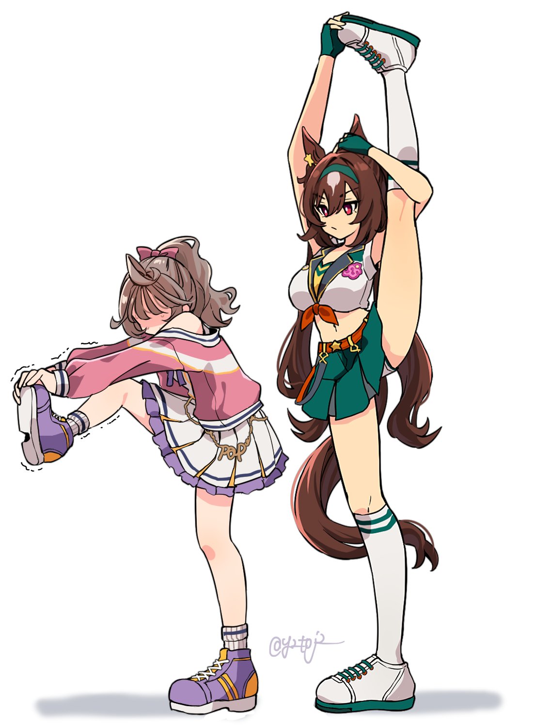 toji (y2toj2), female trainer (umamusume), sirius symboli (umamusume), trainer (umamusume), umamusume, highres, 2girls, ahoge, animal ears, bare shoulders, belt, bow, breasts, brown hair, crop top, ear ornament, faceless, faceless female, failure, fingerless gloves, flexible, full body, gloves, green gloves, green hairband, green skirt, hair between eyes, hair bow, hairband, horse ears, horse girl, horse tail, jacket, kneehighs, large breasts, leg up, long hair, long sleeves, looking at another, midriff, multicolored hair, multiple girls, navel, open clothes, open jacket, pink jacket, pleated skirt, ponytail, red belt, red eyes, ribbed socks, shaded face, shirt, shoes, simple background, skirt, sleeveless, sleeveless shirt, socks, split, standing, standing on one leg, standing split, star ornament, streaked hair, tail, very long hair, white background, white hair, white shirt, white skirt, white socks