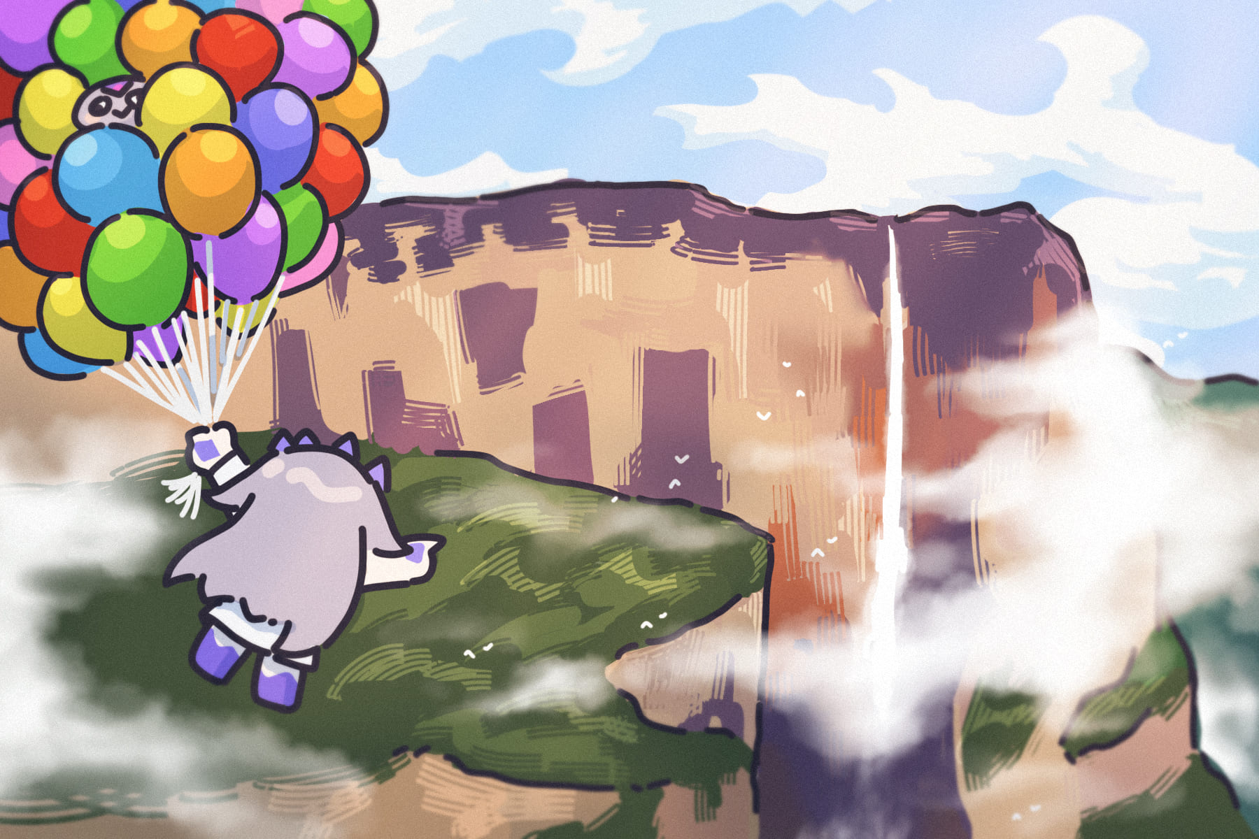 bing huyue, koseki bijou, pebble (koseki bijou), hololive, hololive english, up (disney), commentary, english commentary, highres, 1girl, 1other, balloon, canyon, chibi, cloud, cloudy sky, floating, gem, gem hair ornament, hair flaps, hand jewel, long hair, pointing, pointing forward, purple gemstone, purple hair, simple bird, sky, venezuela, virtual youtuber, water, waterfall