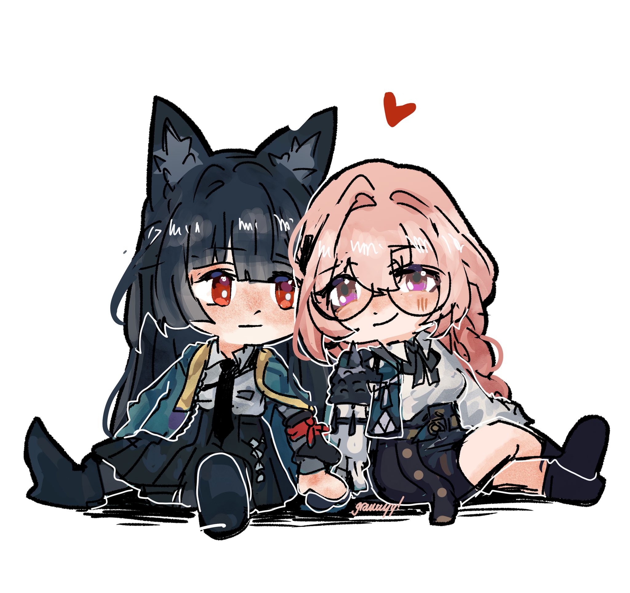 hyastelle, hoshimi miyabi, tsukishiro yanagi, zenless zone zero, highres, 2girls, animal ear fluff, animal ears, armor, artist name, black skirt, chibi, closed mouth, dress shirt, fox ears, fox girl, green jacket, heart, high-waist skirt, holding hands, jacket, long hair, multiple girls, pencil skirt, pink eyes, pink hair, red eyes, shirt, shoulder armor, simple background, sitting, skirt, smile, white background, white shirt, yuri