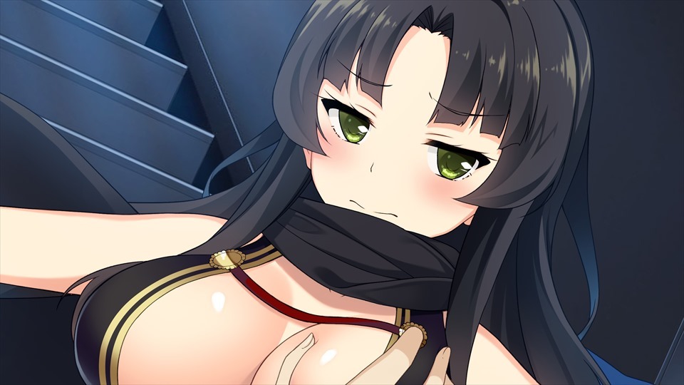araya kazuki, saion-ji enju, moe! ninja girls, pov hand, game cg, official art, 1boy, 1girl, bare arms, bare shoulders, black scarf, blush, breasts, closed mouth, darkness, grabbing another's breast, green eyes, groping, large breasts, long hair, looking at viewer, outstretched arms, scarf, sidelocks, solo, spread arms, stairs