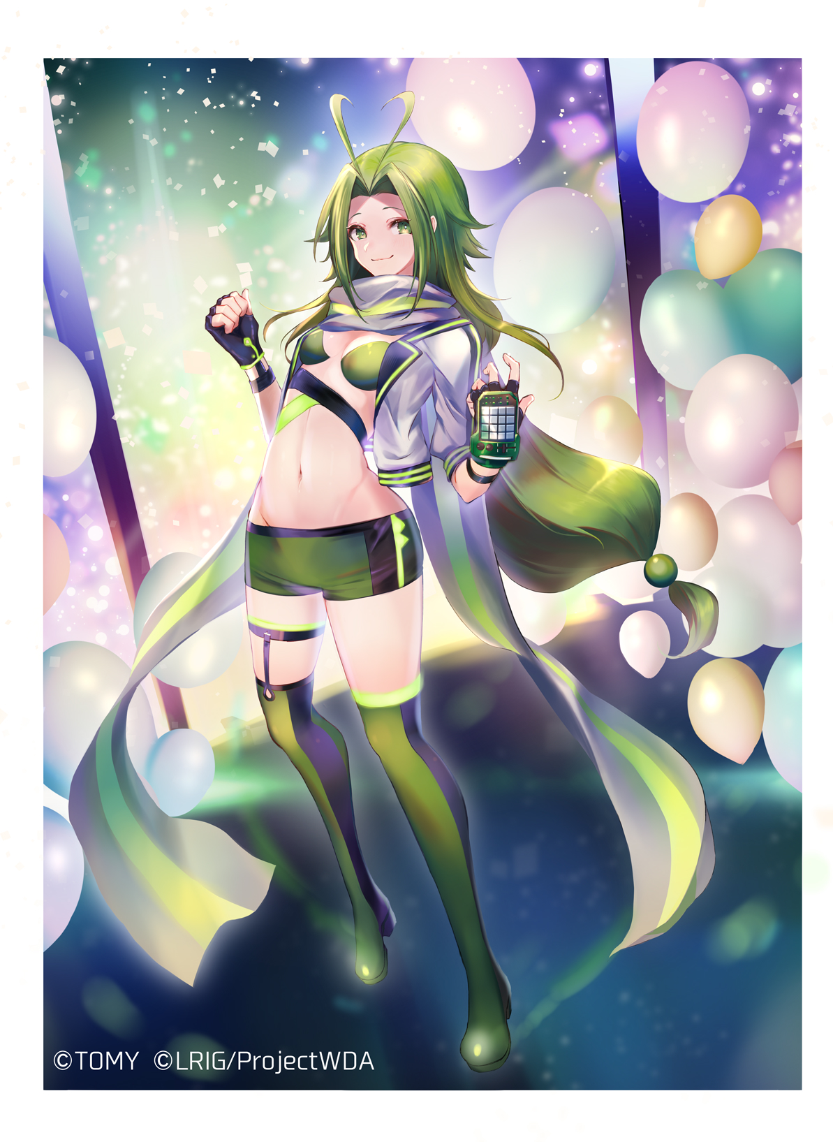 dqn (dqnww), midoriko (wixoss), wixoss, highres, official art, 1girl, antenna hair, bra, closed mouth, copyright notice, cropped jacket, fingerless gloves, gloves, green bra, green eyes, green hair, green shorts, jacket, long hair, looking at viewer, navel, open clothes, open jacket, ponytail, scarf, shorts, smile, solo, thigh strap, underwear, white background, white jacket, white scarf
