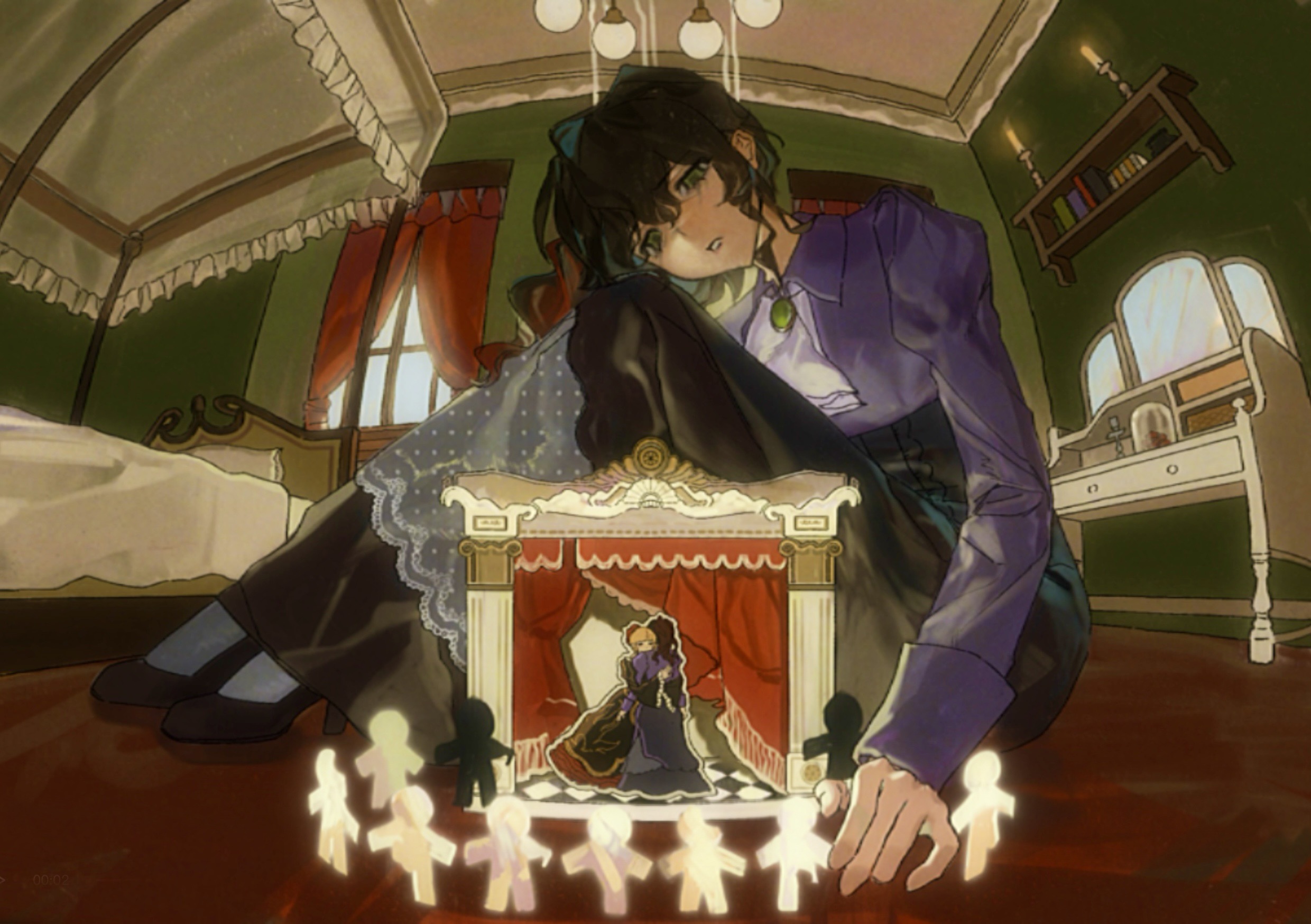 natalie50780, beatrice (umineko), ushiromiya natsuhi, umineko no naku koro ni, highres, 1girl, ascot, bed, black skirt, blurry, brown hair, chest of drawers, curtains, from below, full body, gem, gradient hair, green eyes, green gemstone, hair intakes, high heels, looking at object, makeup, multicolored hair, paper doll, parted lips, perspective, puffy sleeves, pumps, purple shirt, runny makeup, shirt, side ponytail, sitting, skirt, solo, wavy hair, white ascot, window