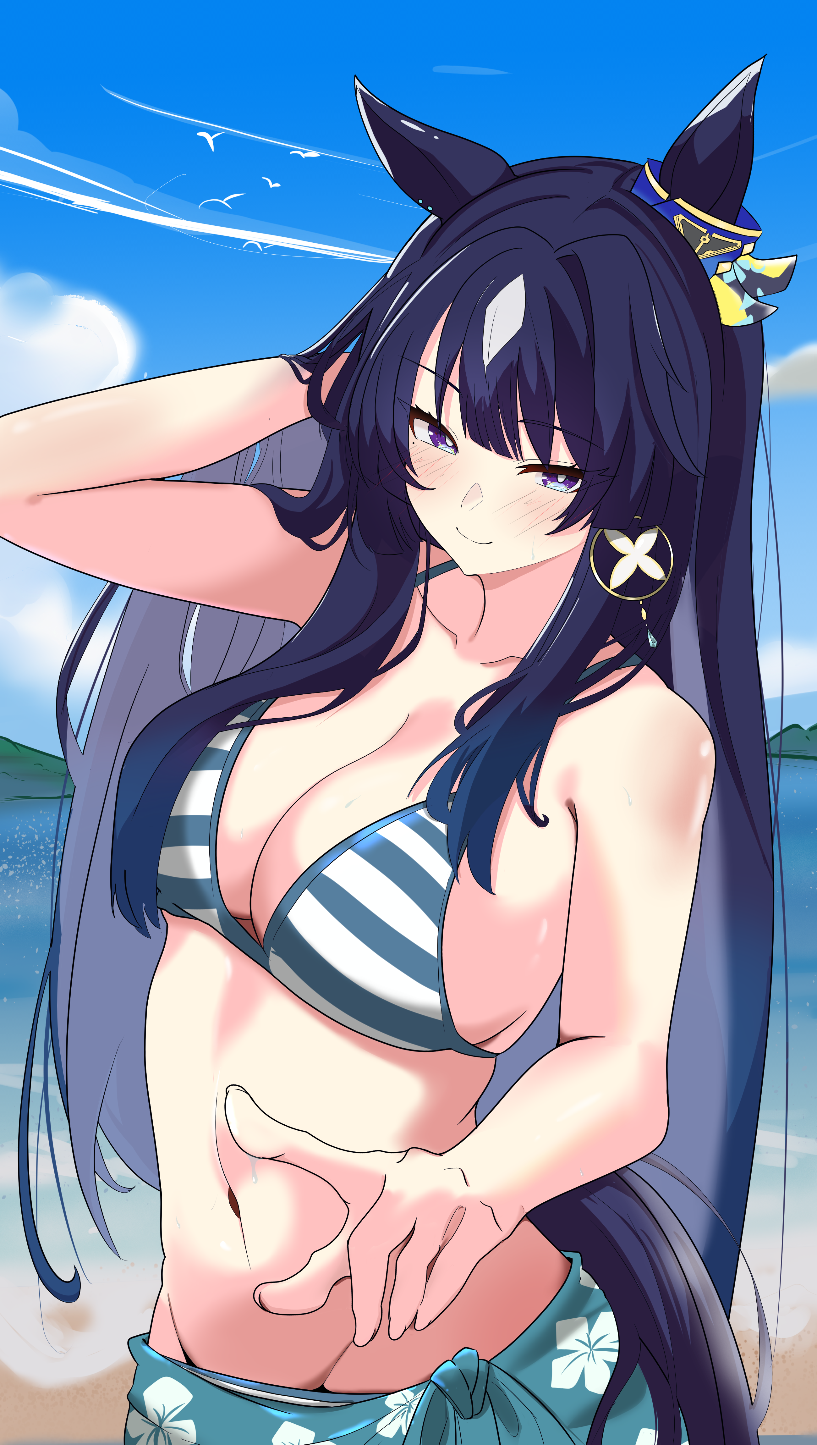 at07221477, verxina (umamusume), umamusume, absurdres, highres, 1girl, animal ears, bare shoulders, beach, bikini, blue bikini, blue eyes, blue hair, blue sarong, blue sky, blush, breasts, cleavage, closed mouth, cloud, collarbone, ear ornament, earrings, floral print sarong, hair between eyes, hoop earrings, horse ears, horse girl, horse tail, jewelry, large breasts, long hair, looking at viewer, mole, mole under eye, multicolored hair, navel, ocean, outdoors, purple eyes, sarong, sky, smile, solo, stomach, striped bikini, striped clothes, swimsuit, tail, water, white bikini