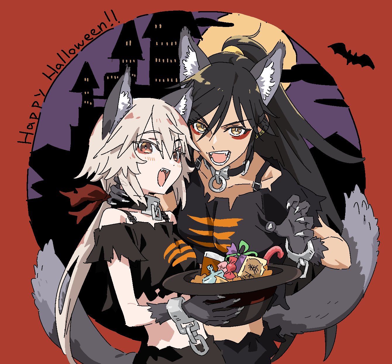 arakaki issei, character request, highres, 2girls, animal ears, bat (animal), black hair, candy, castle, fang, food, full moon, halloween, happy halloween, long hair, looking at viewer, midriff, moon, multiple girls, open mouth, ponytail, smile, tail, wolf ears, wolf tail