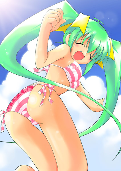melon-chan, melonbooks, artist request, 1girl, ass, barefoot, bikini, blush, breasts, closed eyes, clothes writing, cloud, fang, female focus, from behind, green hair, hair ribbon, jumping, light rays, long hair, medium breasts, open mouth, panties, pink bikini, ribbon, side-tie panties, sky, smile, solo, sparkle, striped bikini, striped clothes, sunbeam, sunlight, swimsuit, twintails, underwear, yellow ribbon
