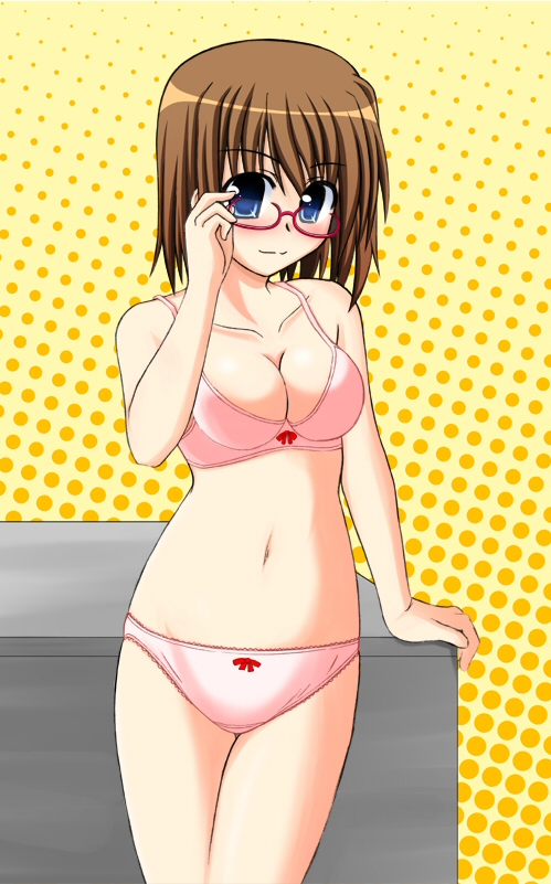 mahou shoujo lyrical nanoha, blue eyes, blush, bra, breasts, brown hair, cleavage, lingerie, looking at viewer, panties, short hair, smile, underwear