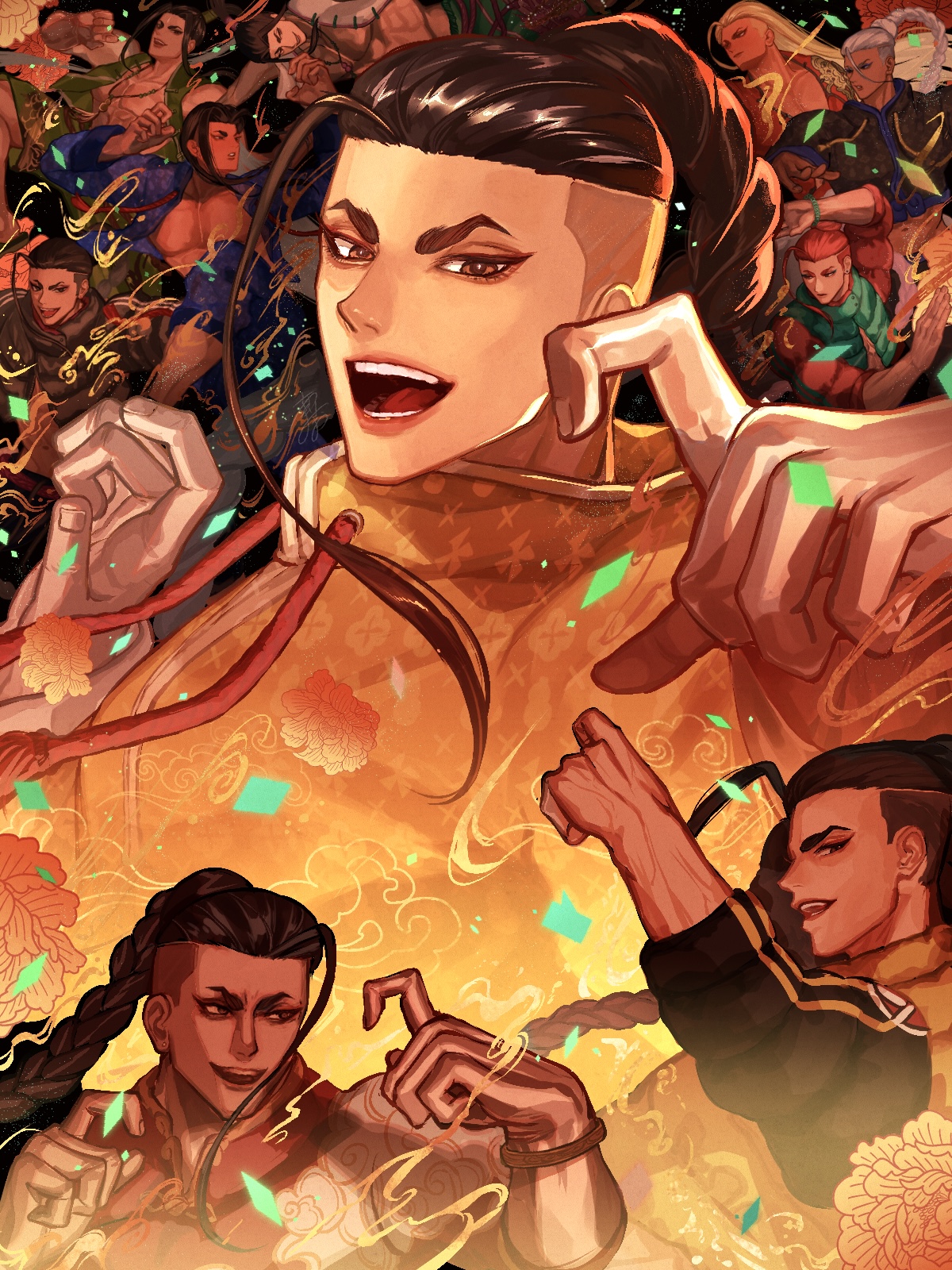 takai misa, jamie siu, street fighter, street fighter 6, commentary, highres, 1boy, blonde hair, braid, cloud print, drunken fist, earrings, floral print, jewelry, long hair, open mouth, single bang, stud earrings, white hair