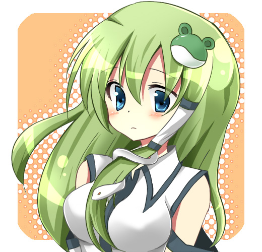 naru (plume plan), kochiya sanae, touhou, bad id, bad pixiv id, 1girl, blue eyes, breasts, detached sleeves, female focus, frog, green hair, hair ornament, long hair, snake, solo, upper body
