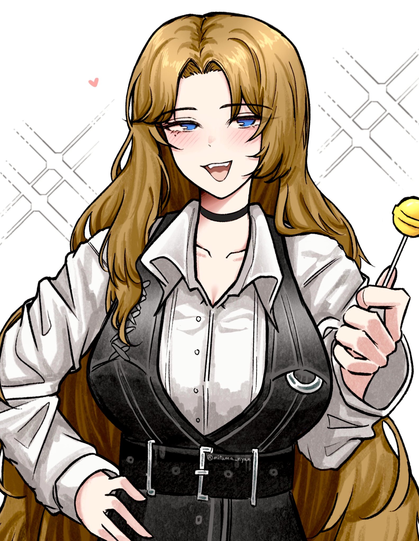 k i r i p o, rodion (project moon), project moon, highres, 1girl, :d, belt, black belt, black choker, black vest, blue eyes, blush, breasts, candy, choker, collared shirt, cowboy shot, food, heart, incoming gift, large breasts, lollipop, long hair, looking at viewer, offering food, open mouth, shirt, signature, smile, sparkle, twitter username, very long hair, vest, white background