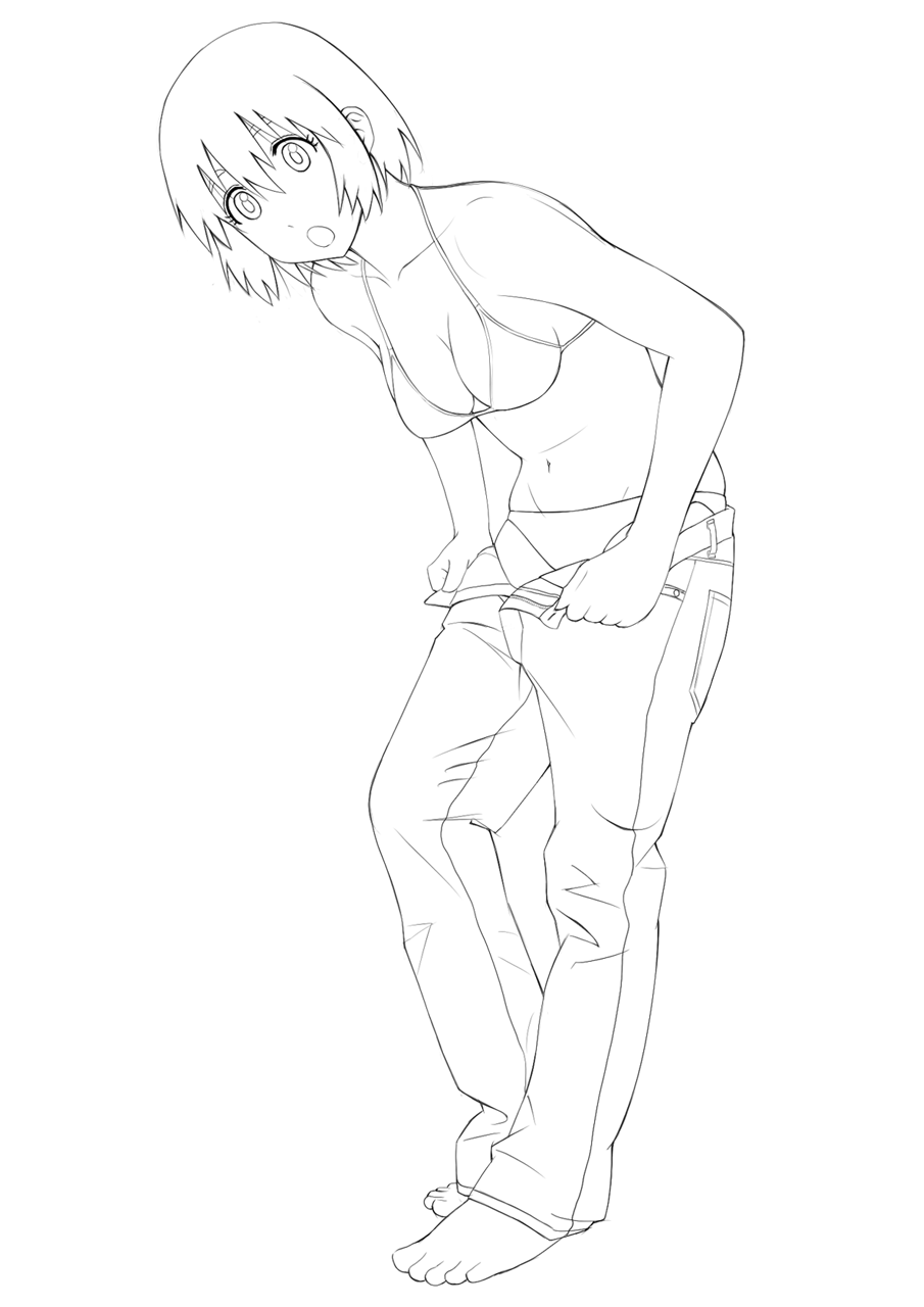 kazunari, ayase fuuka, yotsubato!, highres, 1girl, barefoot, bikini, denim, female focus, greyscale, jeans, monochrome, pants, solo, swimsuit, thick eyebrows, undressing