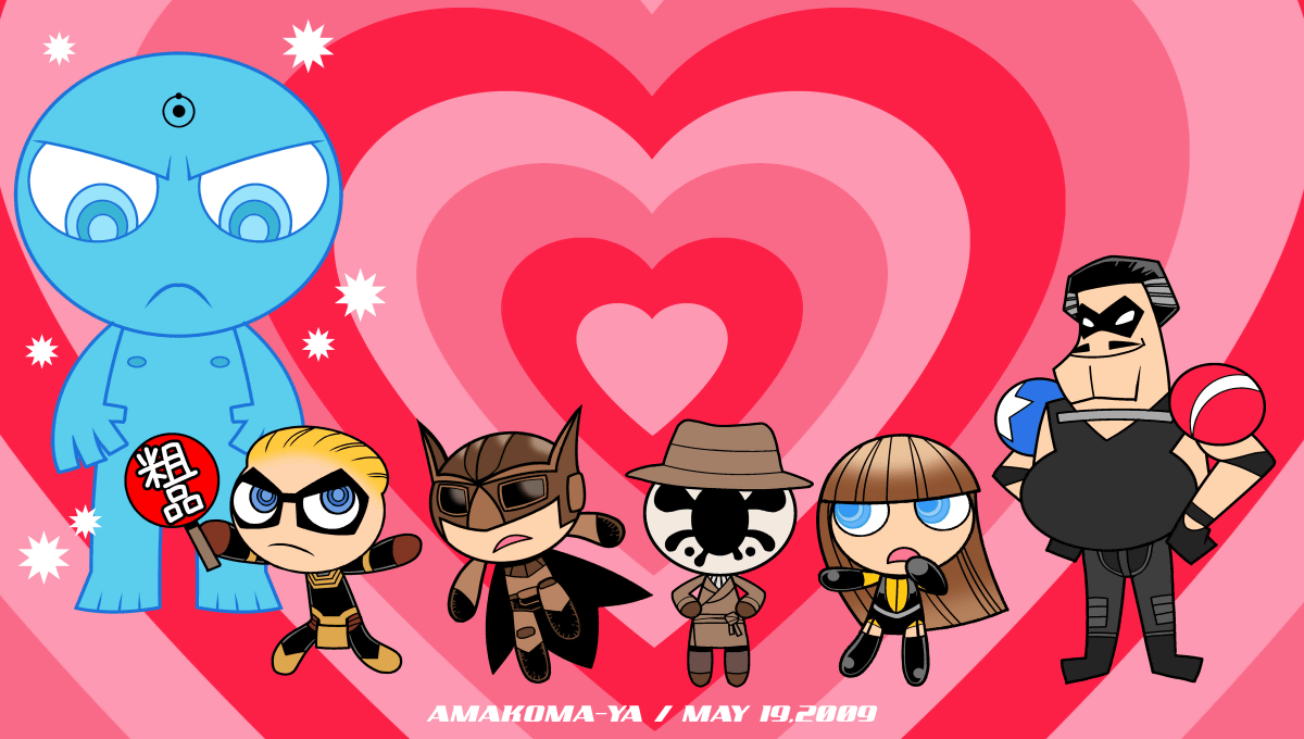 amakoma touka, dr. manhattan, nite owl, ozymandias, rorschach, silk spectre, the comedian, dc comics, powerpuff girls, watchmen, blue skin, blunt bangs, censored, chibi, colored skin, convenient censoring, crossover, dated, everyone, frown, hands on own hips, parody, red background, ringed eyes, standing, style parody