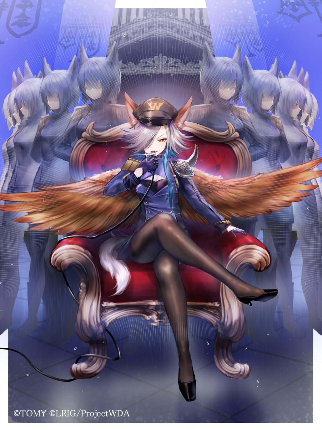 dqn (dqnww), wixoss, highres, official art, 6+girls, animal ears, black gloves, black hat, black pantyhose, black shoes, blue jacket, chair, copyright notice, glasya (wixoss), gloves, grey hair, hair over one eye, hat, high heels, holding, holding microphone, jacket, looking at viewer, medium hair, microphone, military hat, military jacket, military uniform, multiple girls, on chair, open mouth, pantyhose, red eyes, shoes, tail, wings, wolf ears, wolf girl, wolf tail