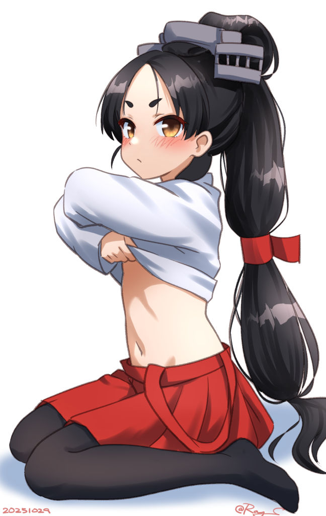 ray.s, nisshin (hirota) (kancolle), nisshin (kancolle), kantai collection, 1girl, alternate costume, ascot, black hair, brown eyes, collared shirt, hair tie, headgear, high ponytail, long hair, long sleeves, multi-tied hair, navel, official alternate costume, pantyhose, ponytail, shirt, short eyebrows, sitting, skirt, solo, suspender skirt, suspenders, undressing, very long hair, white ascot, white background, white shirt