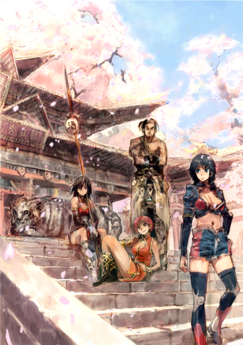 humi, toi8, original, 3girls, breasts, cherry blossoms, cleavage, fantasy, large breasts, midriff, multiple girls, sitting, sitting on stairs, stairs, thighhighs, tree