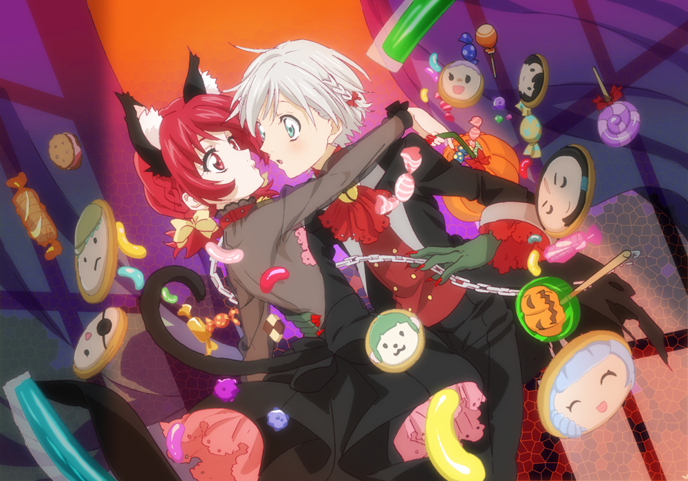 fumiko (mesushi), iria animi, ruca milda, tales of (series), tales of innocence, commentary request, 1boy, 1girl, black dress, boots, dress, green hair, halloween, halloween costume, hat, lace-up boots, pumpkin, red dress, red eyes, red hair, short hair, skirt, striped clothes, striped thighhighs, thighhighs, witch hat