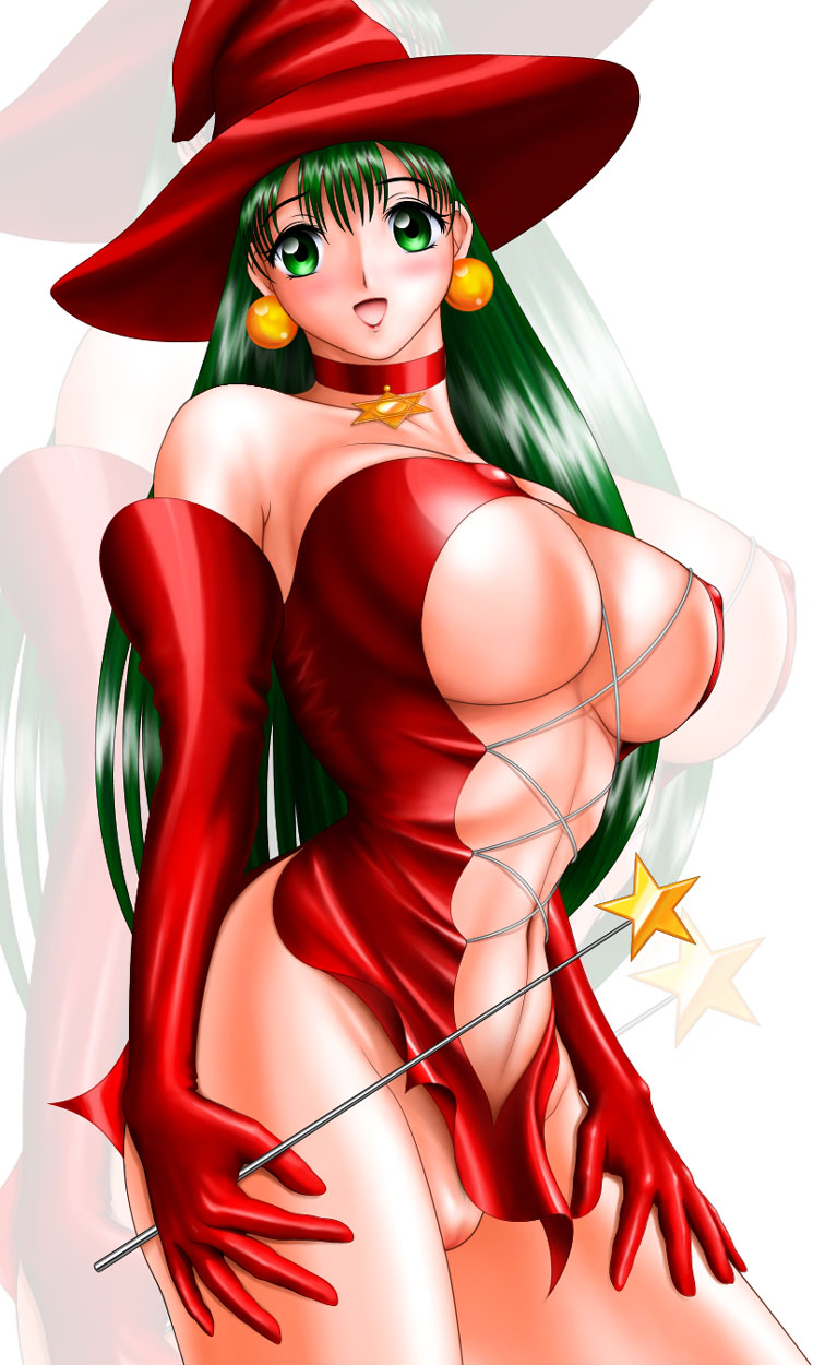 majokko pururun, highres, 1girl, breasts, cameltoe, choker, earrings, female focus, gloves, green eyes, green hair, hat, jewelry, large breasts, long hair, matching hair/eyes, smile, solo, underboob, wand, witch, zoom layer