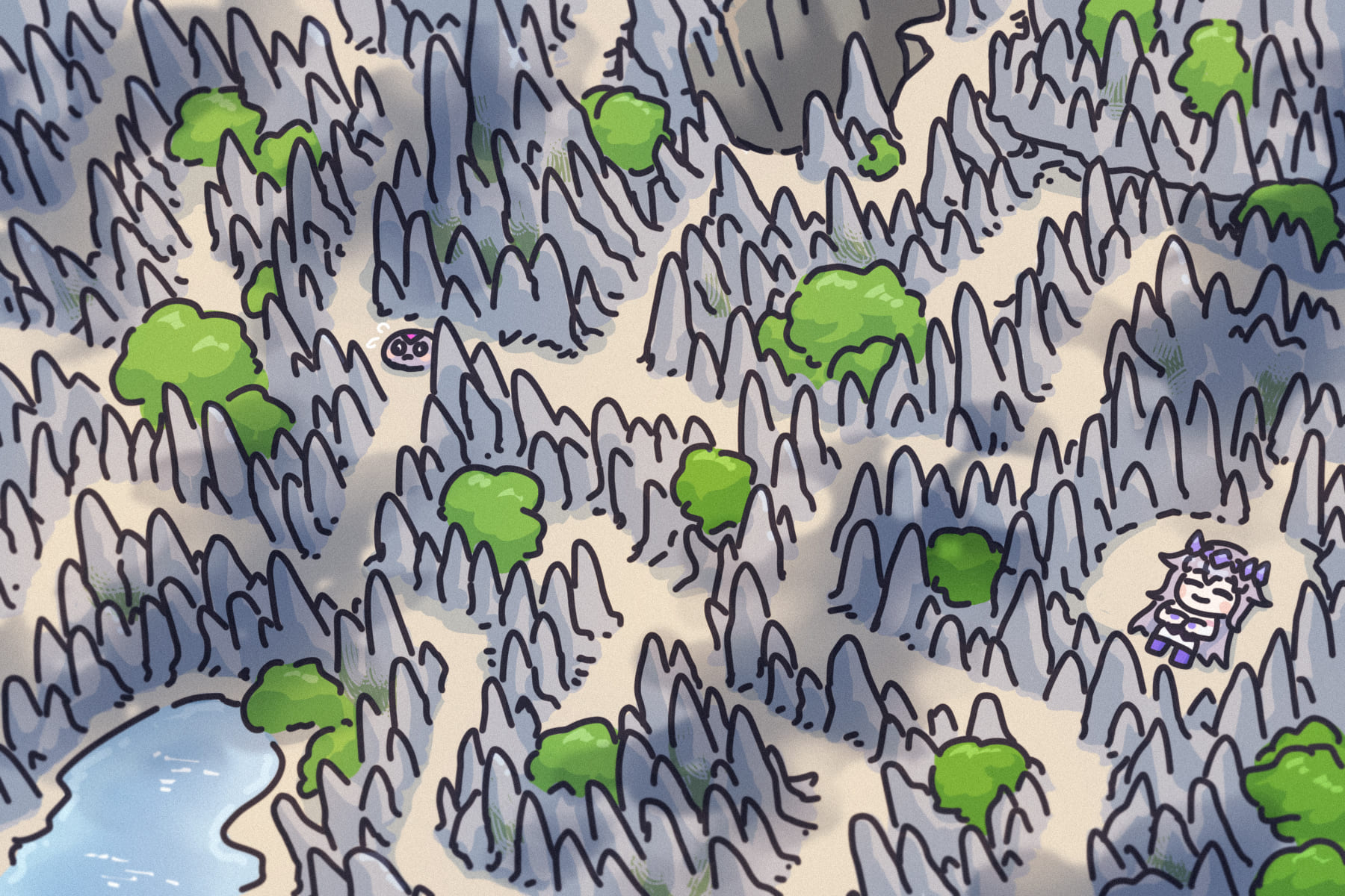 bing huyue, limestone, koseki bijou, pebble (koseki bijou), hololive, hololive english, commentary, english commentary, highres, 1girl, 1other, closed eyes, forest, gem, gem hair ornament, hand jewel, hole, isometric, lake, lying, madagascar, nature, purple gemstone, tree, virtual youtuber