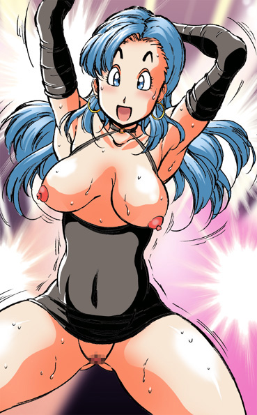 bulma, dragon ball, dragonball z, artist request, 1girl, black dress, black sleeves, blue hair, blush, breasts, breasts out, censored, collar, collared dress, dancing, detached sleeves, dress, earrings, elbow gloves, eyelashes, eyeliner, female focus, gloves, jewelry, makeup, mosaic censoring, nervous sweating, nipples, pussy, raised eyebrows, solo, spotlight, sweat, sweatdrop, undressing, very sweaty