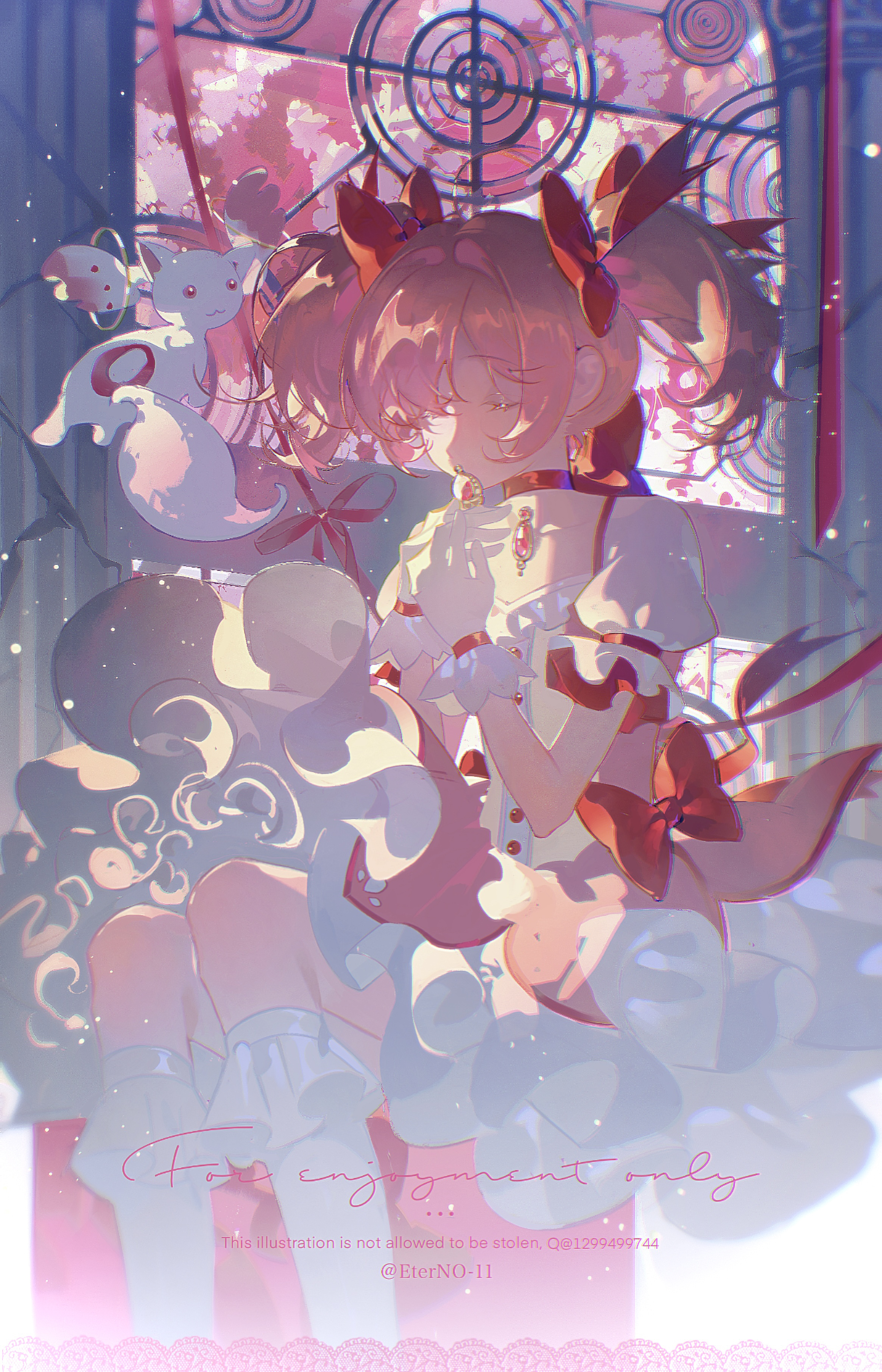 eterno-11, kaname madoka, kaname madoka (magical girl), kyubey, mahou shoujo madoka magica, mahou shoujo madoka magica (anime), absurdres, chinese commentary, commentary, highres, 1girl, :3, artist name, bobby socks, border, bow, bow choker, broken pillar, bubble skirt, buttons, choker, church, closed eyes, covered mouth, cowboy shot, crack, creature, floating, frills, gem, gloves, hair bow, hands up, indoors, kiss, kneehighs, lace, lace border, magic circle, magical girl, medium skirt, object kiss, ornate border, petticoat, pillar, pink hair, pink skirt, puffy short sleeves, puffy sleeves, red bow, red choker, red eyes, red gemstone, short sleeves, short twintails, sidelighting, sitting, skirt, sleeve garter, socks, solo focus, soul gem, square neckline, stained glass, twintails, u u, w arms, watermark, white gloves, white socks