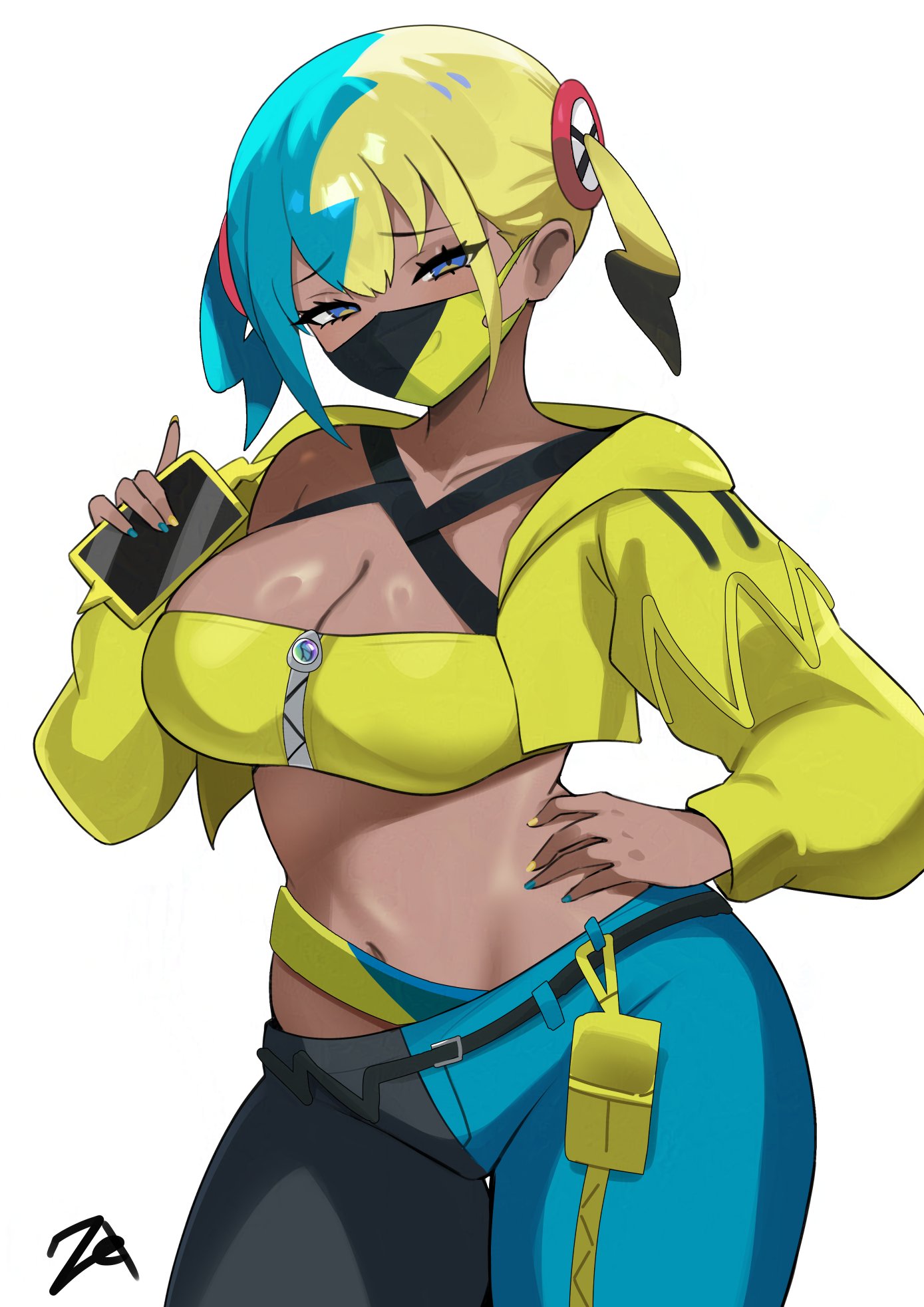 zet (twt zet), canari (pokemon), nintendo, pokemon, pokemon legends: z-a, highres, 1girl, aqua hair, blonde hair, blue eyes, breasts, cleavage, cowboy shot, cropped jacket, dark-skinned female, dark skin, jacket, large breasts, looking at viewer, mask, midriff, mouth mask, multicolored hair, navel, pants, simple background, solo, split-color hair, stomach, white background, yellow jacket
