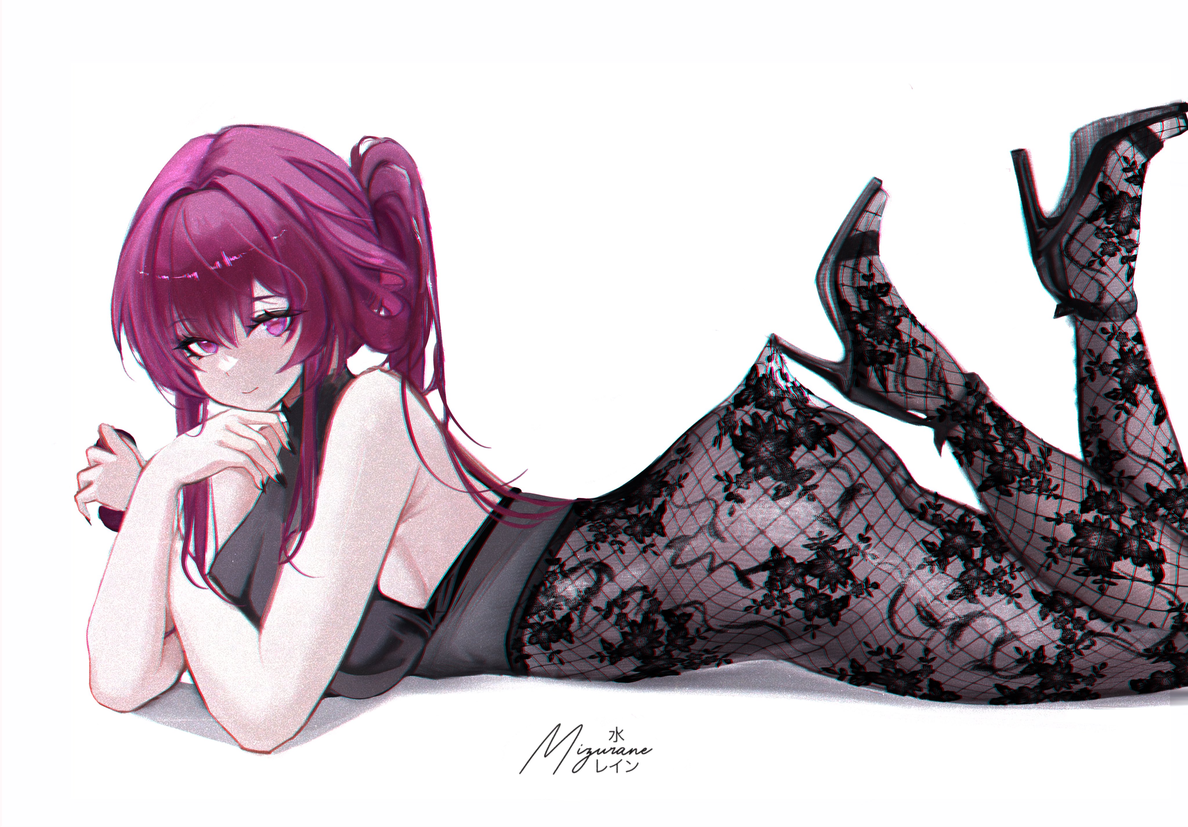 mizurane, kafka (honkai: star rail), honkai: star rail, honkai (series), absurdres, commentary, highres, revision, 1girl, artist name, black pantyhose, black tank top, breasts, cleavage, eyewear on head, fishnets, from side, high heels, hooked on heel, lace pantyhose hooked on heel (meme), large breasts, looking at viewer, medium hair, meme, pantyhose, purple eyes, purple hair, simple background, smile, solo, sunglasses, tank top, white background