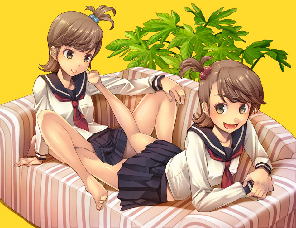 futami ami, futami mami, idolmaster, couch, hair bobbles, hair ornament, plant, school uniform, serafuku, siblings, side ponytail, simple background, twins