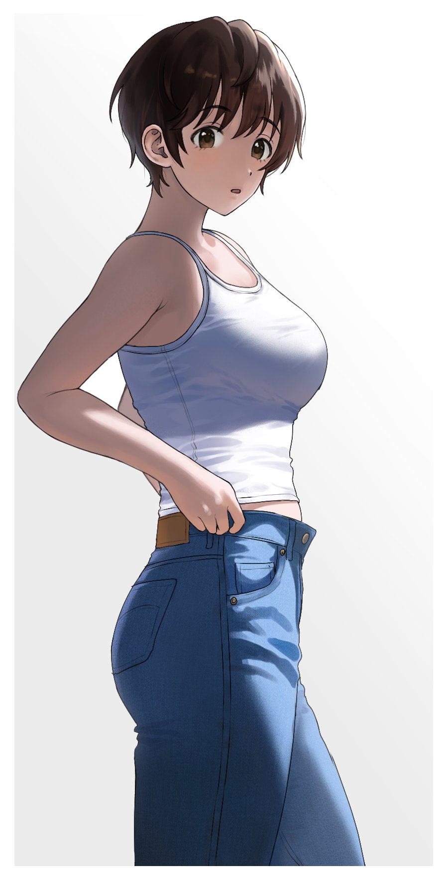 imaninjaguy, oikawa shizuku, idolmaster, idolmaster cinderella girls, tagme, 1girl, ass, breasts, denim, jeans, large breasts, pants, short hair, tank top
