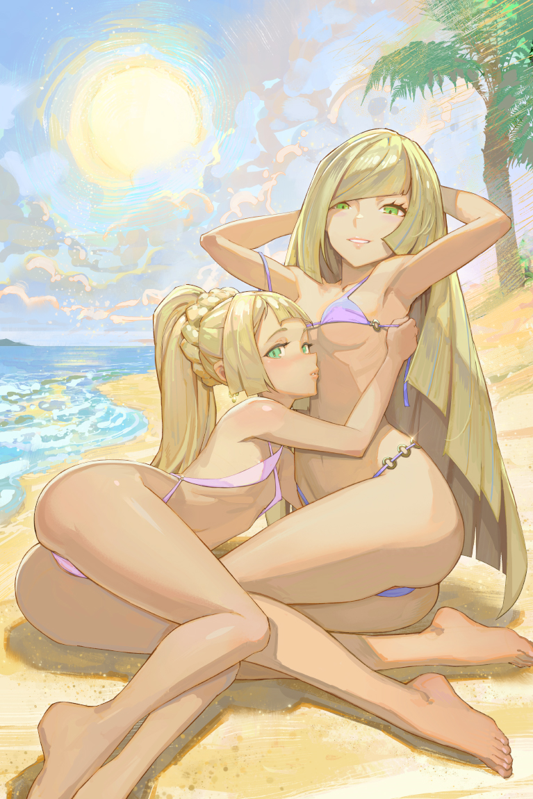 yugen99, lillie (pokemon), lusamine (pokemon), nintendo, pokemon, pokemon sm, 2girls, arms up, ass, beach, bikini, blonde hair, breasts, ear piercing, earrings, feet, green eyes, jewelry, long hair, mature female, mother and daughter, multiple girls, palm tree, piercing, pink slingshot swimsuit, ponytail, purple bikini, sand, slingshot swimsuit, small breasts, sun, swimsuit, thighs, tree