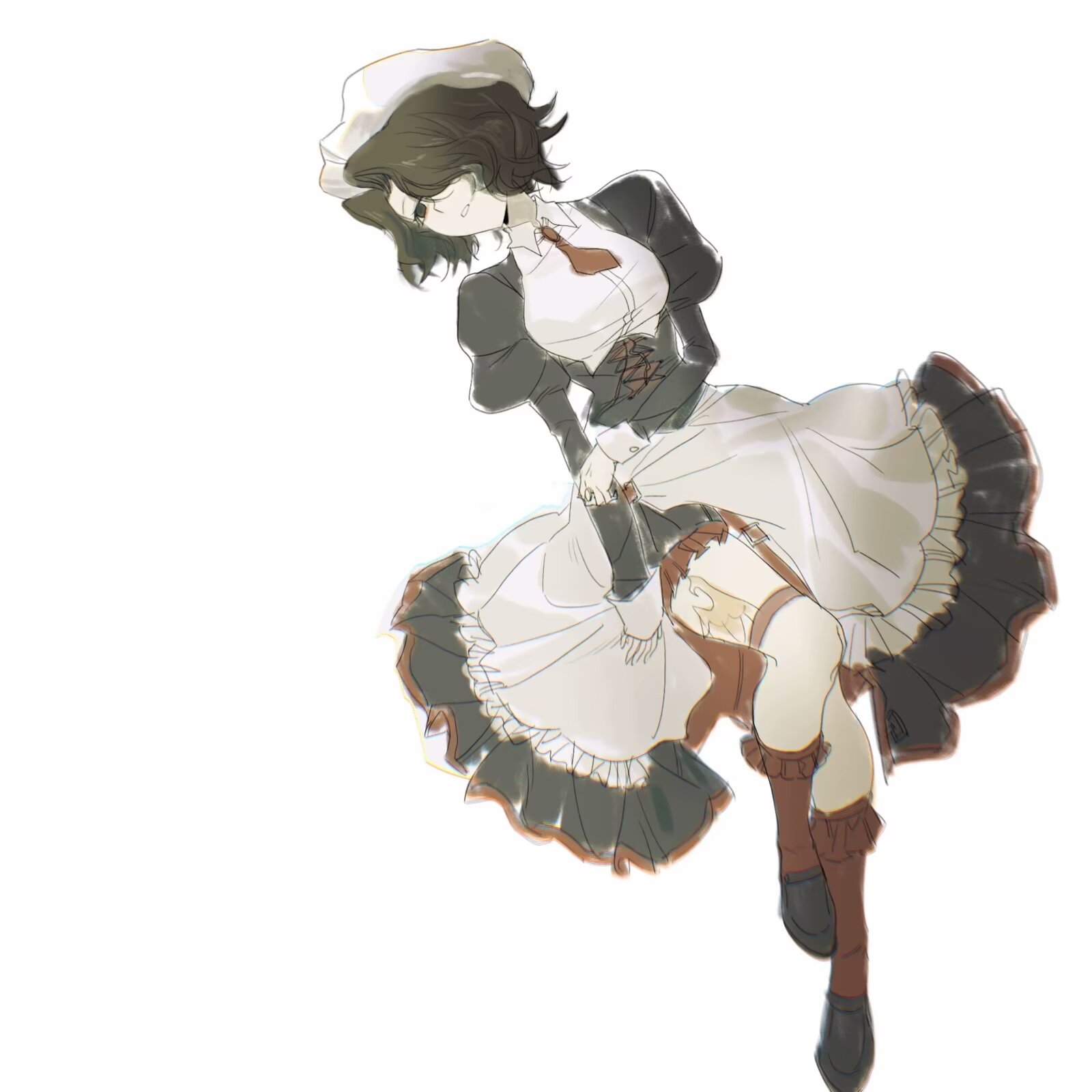 shannon (umineko), umineko no naku koro ni, highres, 1girl, apron, beret, black corset, black dress, black shoes, corset, dress, expressionless, frilled socks, frills, full body, hair over one eye, hat, jewelry, leg tattoo, leg up, loafers, looking to the side, lying, medium hair, necktie, on back, parted lips, puffy sleeves, red necktie, red socks, ring, shirt, shoes, single hair intake, sleeves past wrists, socks, solo, tattoo, thigh strap, wavy hair, white apron, white hat, white shirt, zaoyinu175