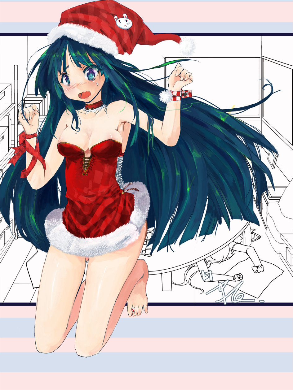 flelincw, akiyama mio, k-on!, bad id, bad pixiv id, highres, 00s, 1girl, armpits, bare shoulders, barefoot, blush, breasts, choker, female focus, green eyes, green hair, hat, jewelry, kneeling, long hair, matching hair/eyes, open mouth, partially colored, santa costume, santa hat, solo, toe ring, toes, wrist cuffs