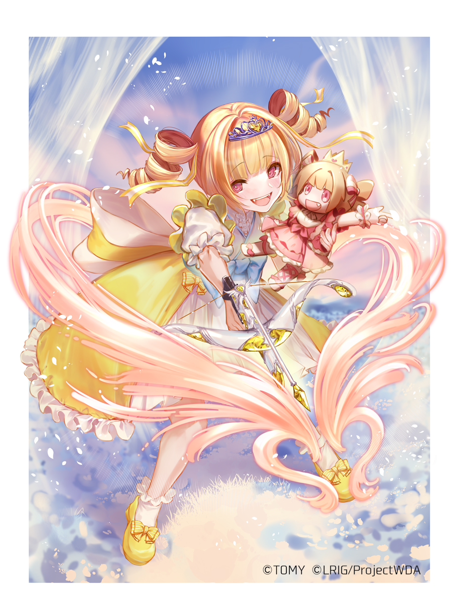 dqn (dqnww), wixoss, highres, official art, 1girl, blonde hair, bowgun, character doll, copyright notice, doll, dress, drill hair, frilled dress, frills, holding, holding bowgun, holding doll, looking at viewer, mary janes, medium hair, open mouth, shoes, solo, teeth, twin drills, upper teeth only, white background, yaekiri (wixoss), yellow dress, yellow eyes, yellow shoes