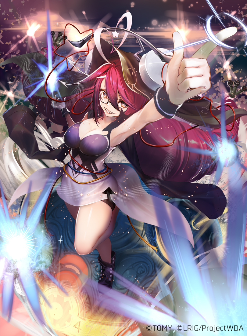 dqn (dqnww), wixoss, official art, arm up, armpits, black-framed eyewear, black shirt, black shoes, breasts, cleavage, closed mouth, copyright notice, glasses, large breasts, long hair, looking at viewer, open mouth, shirt, shoes, skirt, sky, solo, star (sky), starry sky, timer bomb (wixoss), very long hair, white skirt, yellow eyes