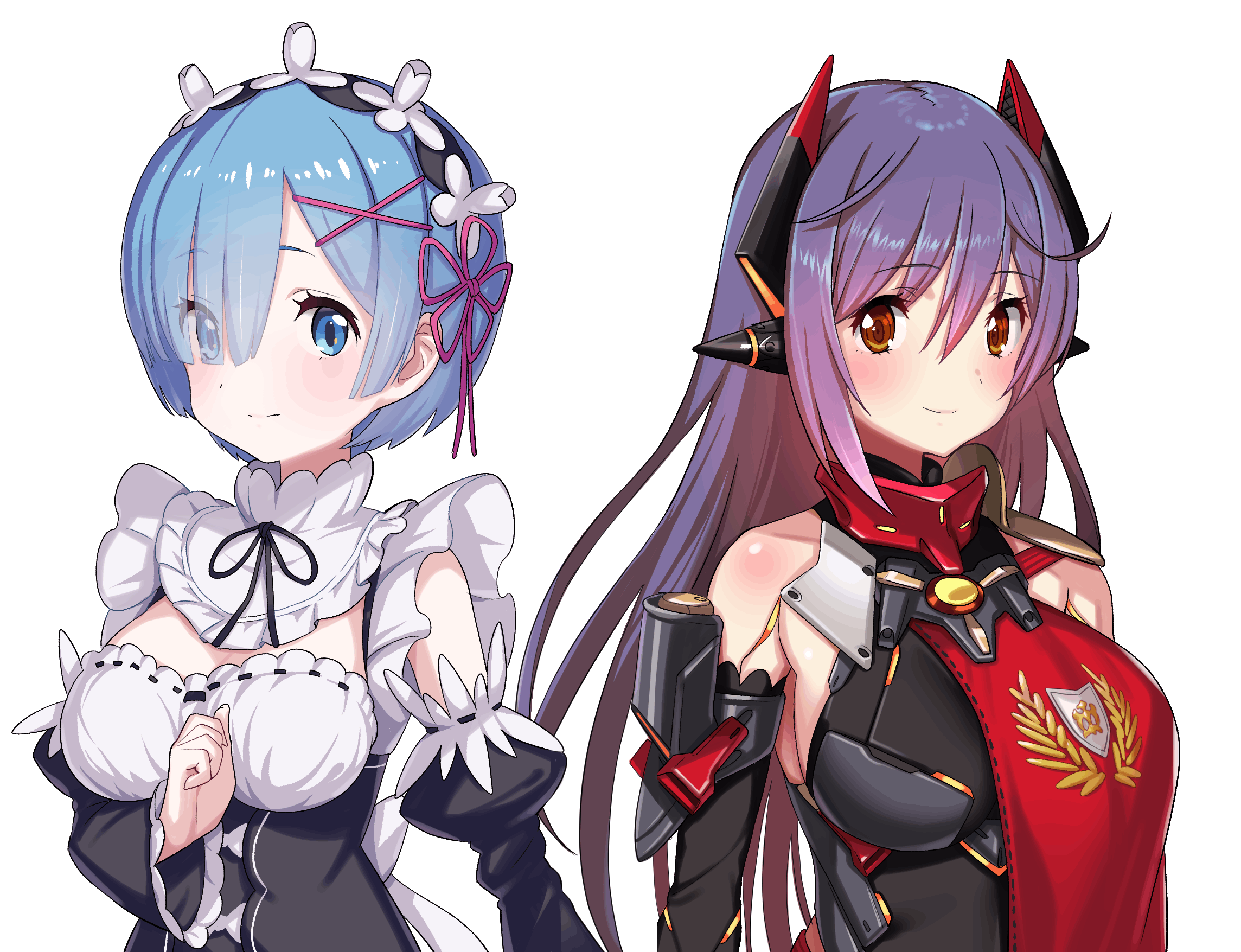 green322, poppi (xenoblade), poppi qtpi (xenoblade), rem (re:zero), re:zero kara hajimeru isekai seikatsu, xenoblade chronicles (series), commission, commissioner upload, highres, non-web source, 2girls, armored leotard, blue eyes, blue hair, breasts, cleavage, closed mouth, cross, detached sleeves, dress, hair between eyes, hair ornament, hair ribbon, headgear, leotard, light blush, long hair, looking at viewer, maid, maid headdress, medium breasts, multiple girls, pink ribbon, purple hair, red scarf, ribbon, robot ears, roswaal mansion maid uniform, scarf, short hair, sidelocks, simple background, smile, upper body, white background, x hair ornament, yellow eyes
