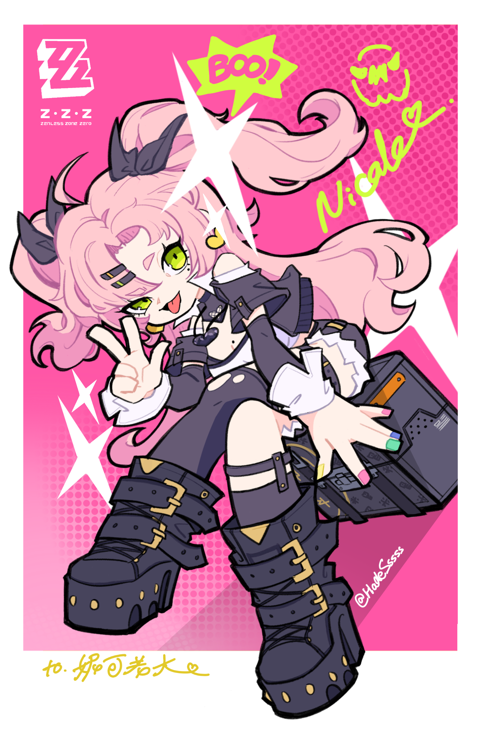 nicole demara, zenless zone zero, commentary request, highres, 1girl, ||/, ahoge, autis tic, bare shoulders, black boots, black ribbon, black shorts, black thighhighs, boots, border, breasts, character name, cleavage, clothing cutout, colored speech bubble, copyright name, crop top, crossed legs, cutoffs, dotted background, earrings, english text, fur-trimmed shorts, fur trim, ghost, green eyes, hair ornament, hair ribbon, hairclip, half-closed eye, heart, heart earrings, heart necklace, jewelry, long hair, looking at viewer, micro shorts, mole, mole on breast, mole under eye, multicolored nails, necklace, pink background, pink hair, ribbon, short eyebrows, shorts, shoulder cutout, single thighhigh, sitting, solo, sparkle, speech bubble, strapless, suitcase, thick eyebrows, thighhighs, tongue, tongue out, torn clothes, torn thighhighs, tube top, twintails, twitter username, two side up, w, white border, white tube top