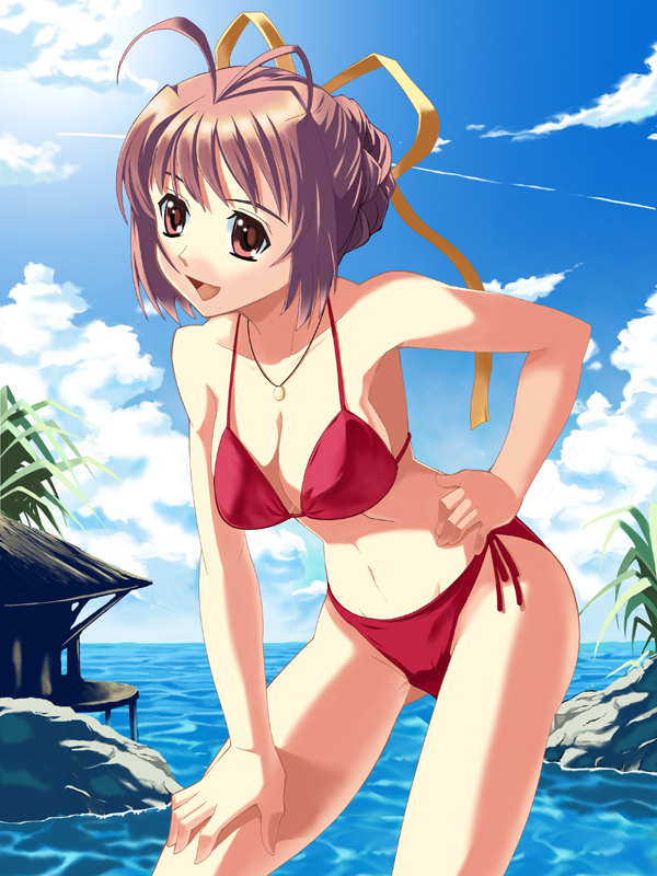 azuma reiji, original, 1girl, beach, bikini, brown eyes, brown hair, day, female focus, hand on own hip, hip focus, leaning forward, outdoors, red bikini, solo, swimsuit